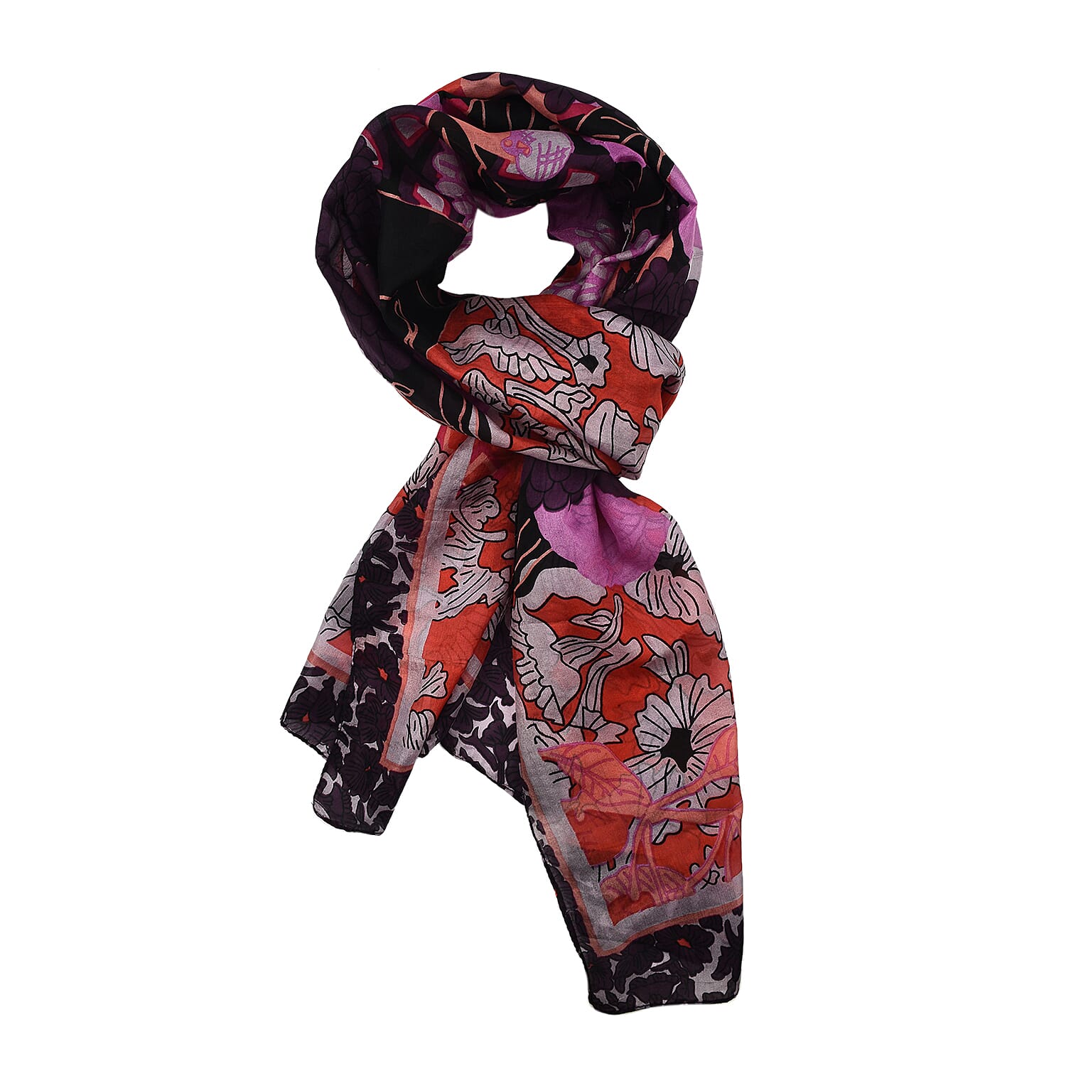 La Marey 100% Mulberry Silk Printed Scarf (Size 180x50cm) - Pink & Purple