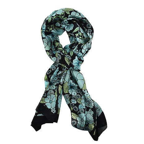 La Marey 100% Mulberry Silk Printed Scarf (Size 180x50 cm) -Turquoise