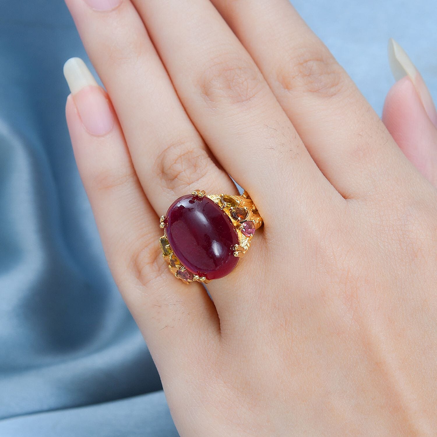 Tucson Special - African Ruby & Multi-Tourmaline Ring in 18K Vermeil Yellow Gold Plated Sterling Silver 22.84 Ct, Silver Wt 5.73 GM