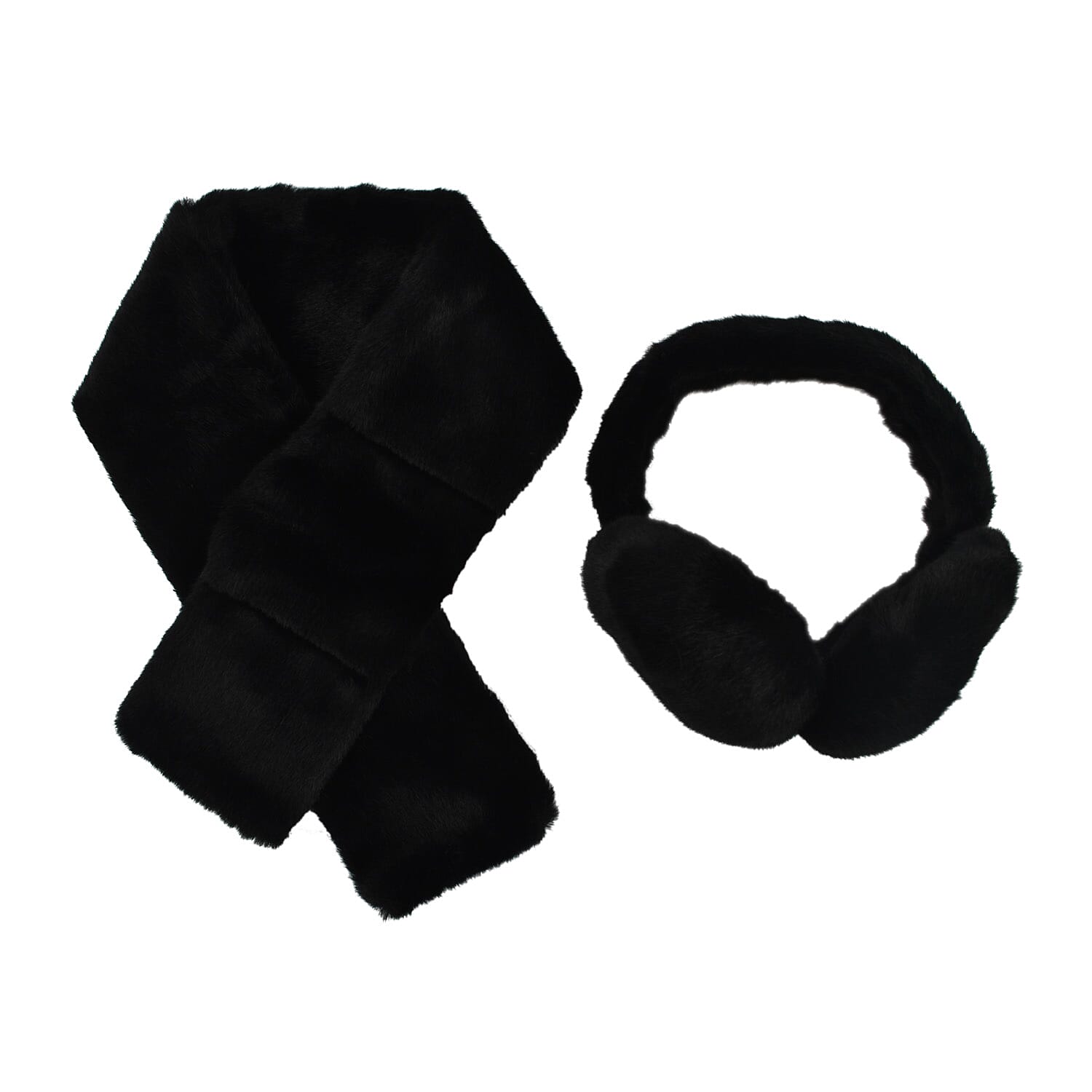 2 Piece Set - Faux Fur Earmuffs and Scarf - Black