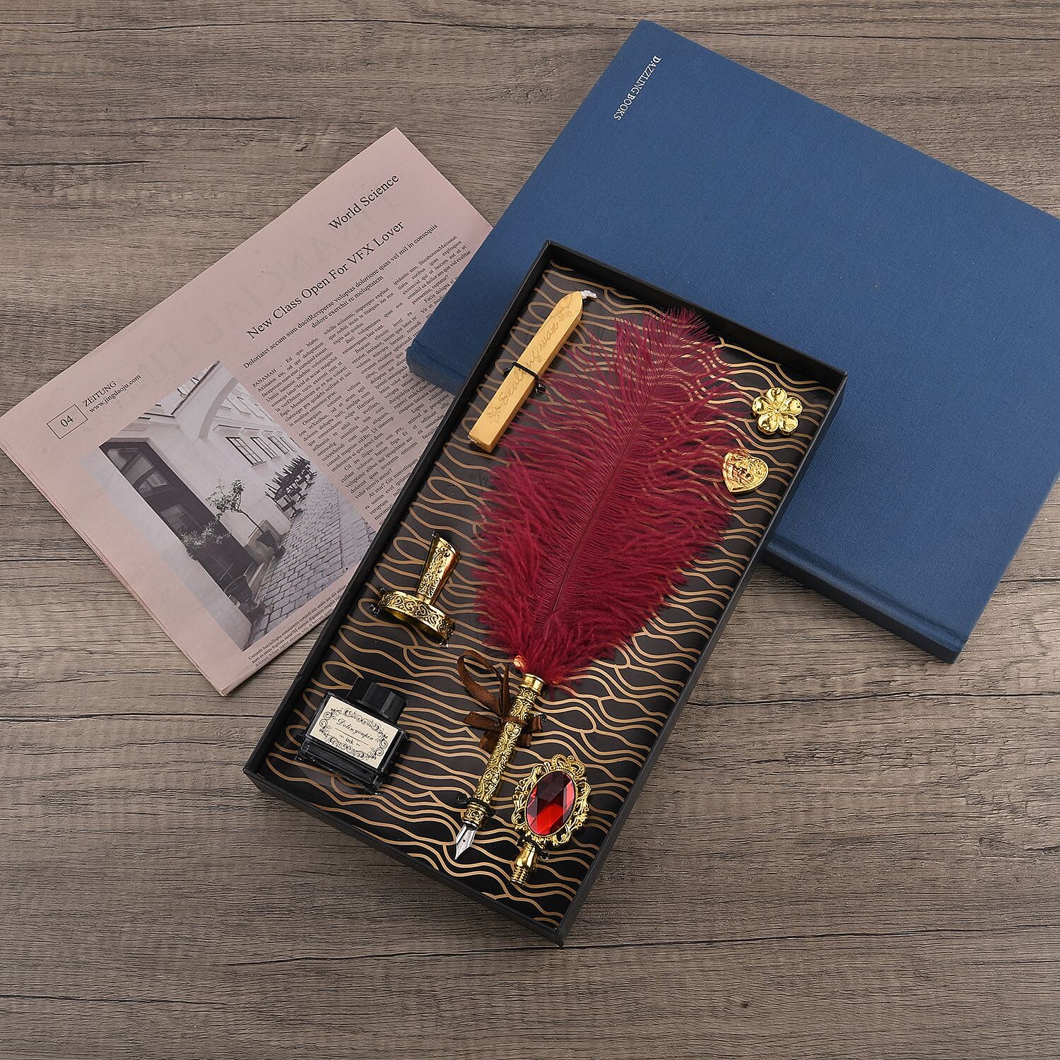 Vintage Feather Pen and Wax Stamp Gift Box - Broken Red