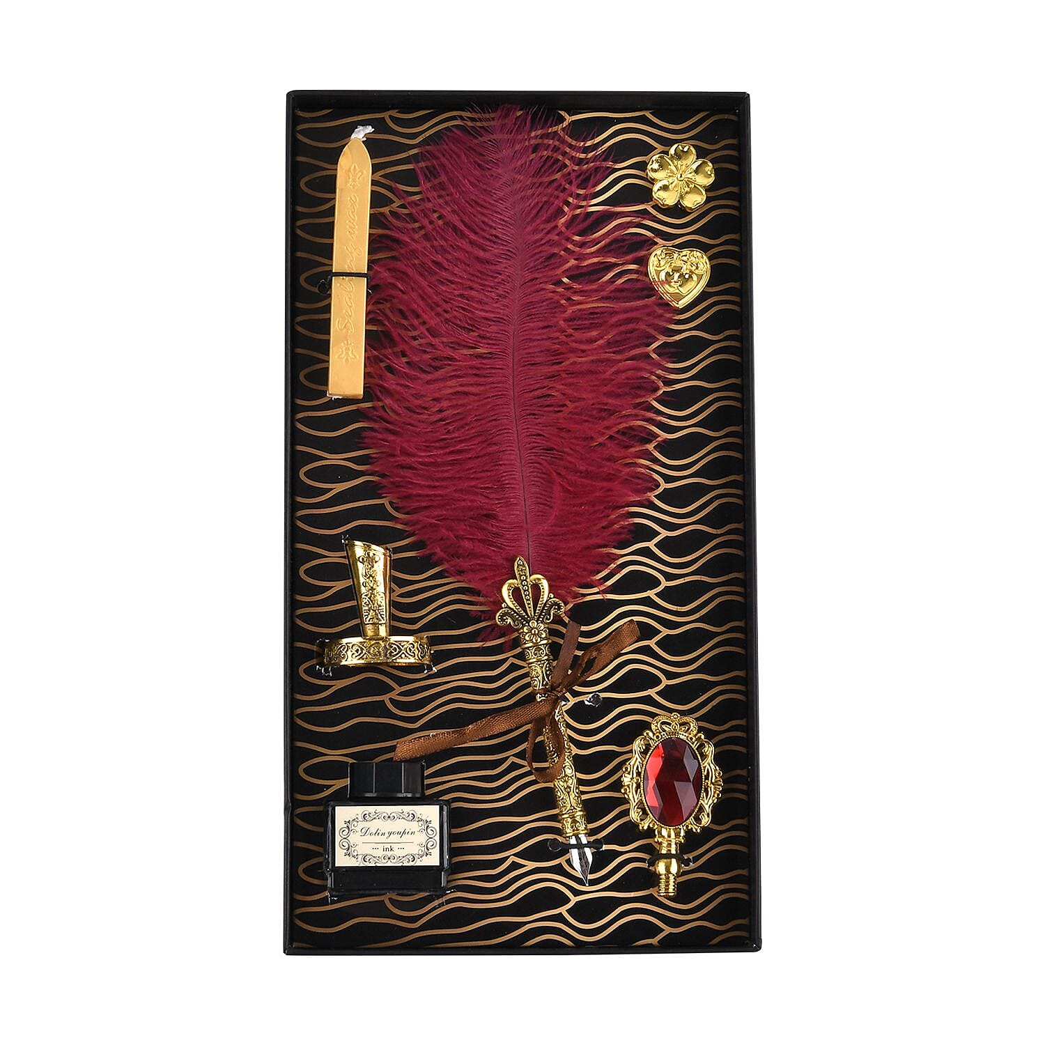 Vintage Feather Pen and Wax Stamp Gift Box - Broken Red