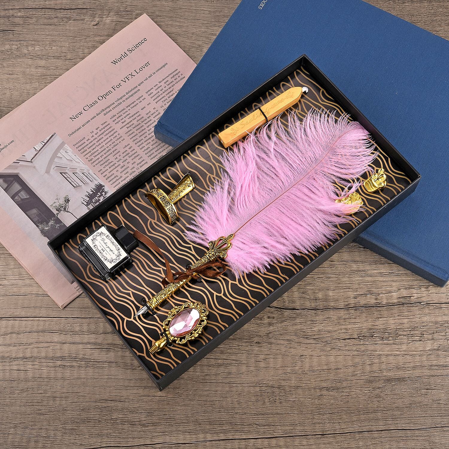 Vintage Feather Pen and Wax Stamp Gift Box - Pink - Red