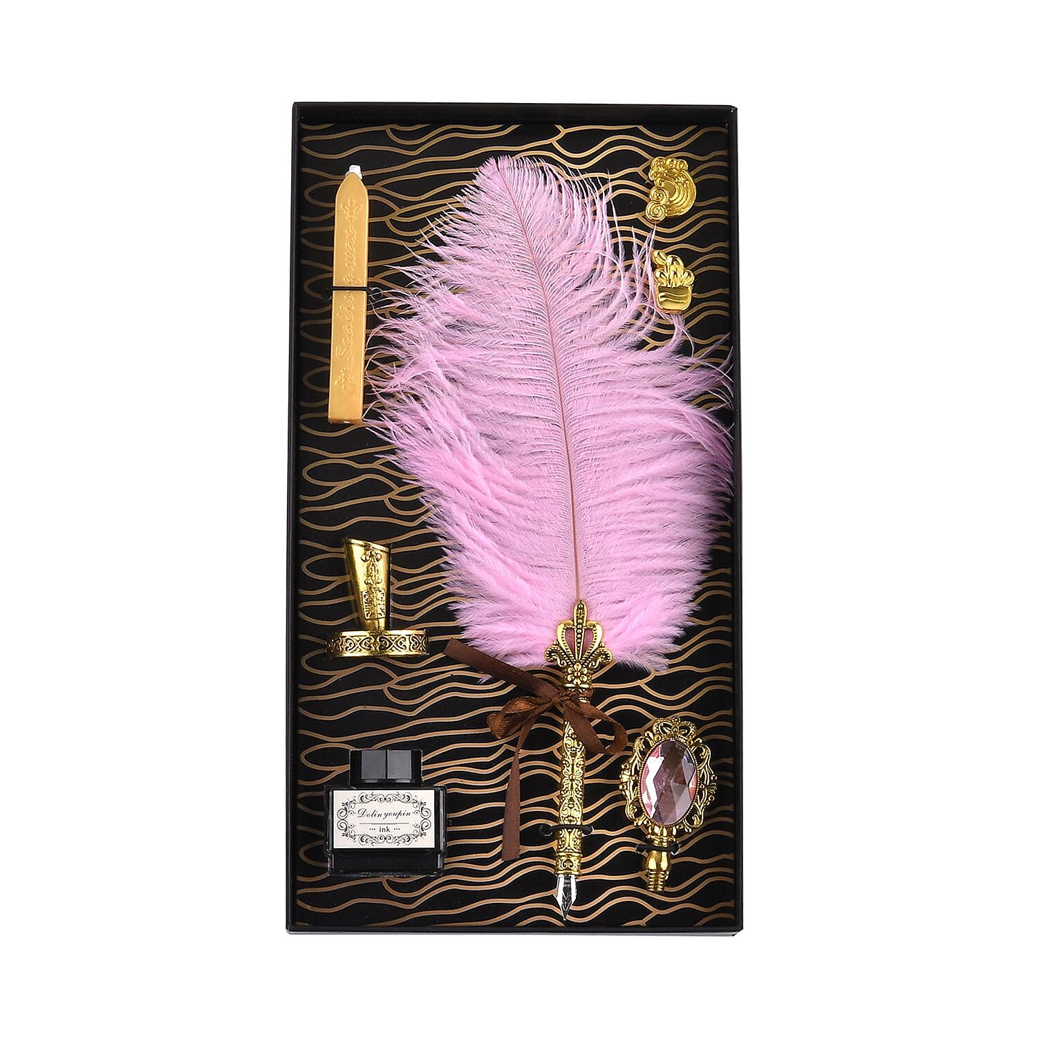 Vintage Feather Pen and Wax Stamp Gift Box - Pink - Red