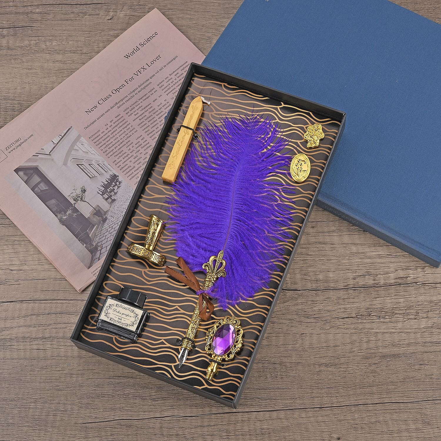 Vintage Feather Pen and Wax Stamp Gift Box - Purple - Red