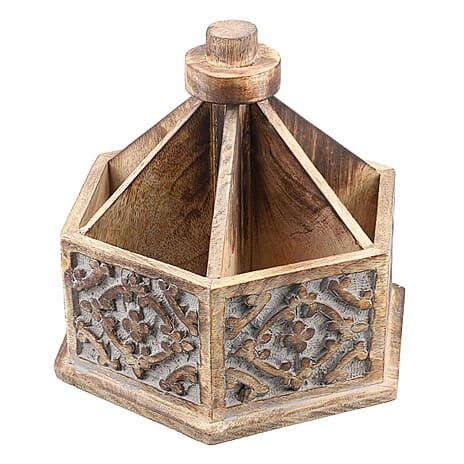 Handcarved Multipurpose Mango Wood Spinner Organizer (Size 24x22x21 cm)