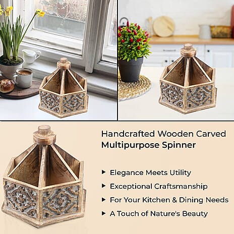 Handcarved Multipurpose Mango Wood Spinner Organizer (Size 24x22x21 cm)