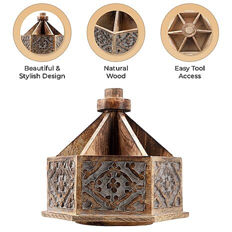 Handcarved Multipurpose Mango Wood Spinner Organizer (Size 24x22x21 cm)
