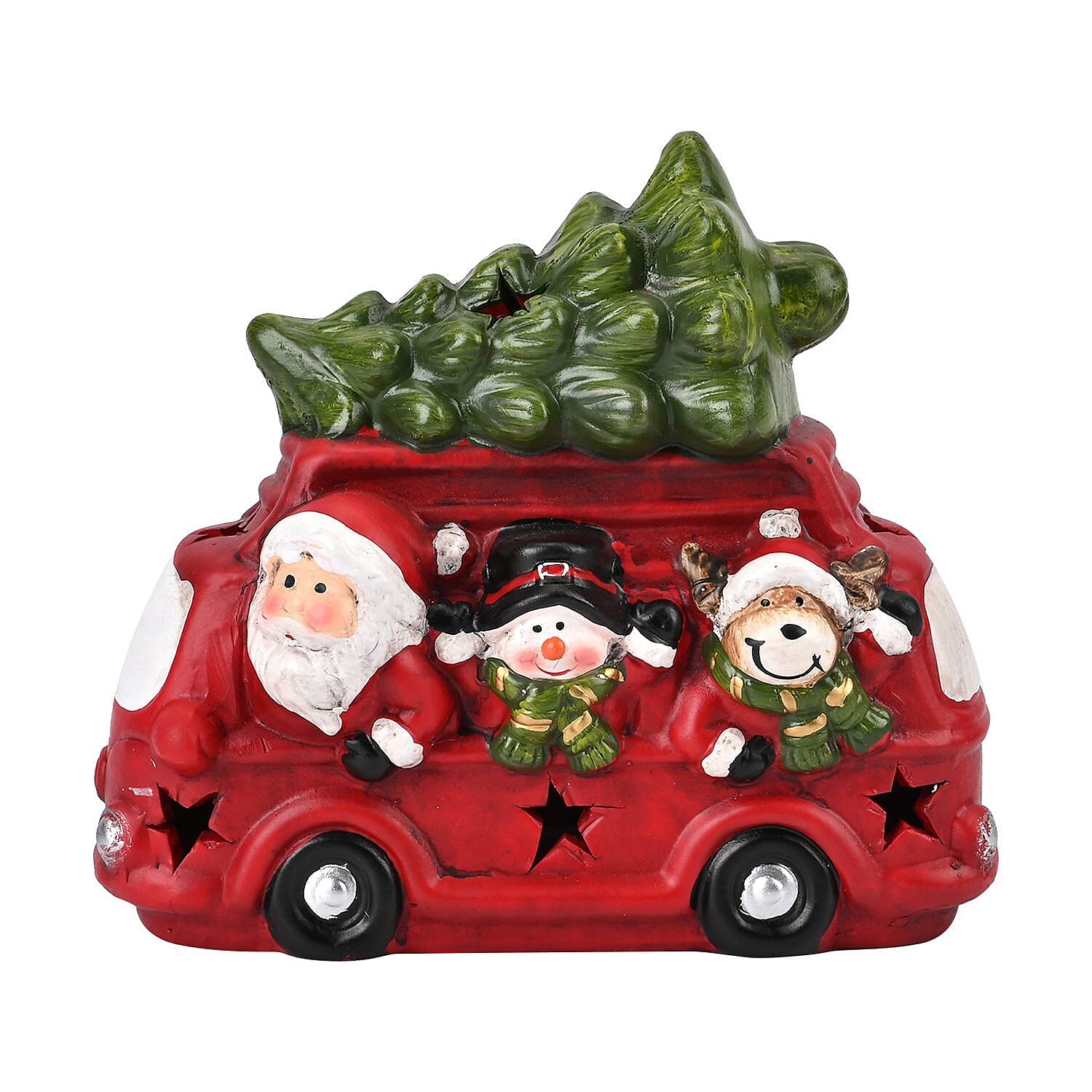 Ceramic Decoration Truck, Santa & Reindeer Shape with Led Light (Size 19x16x9 cm) - Red & White