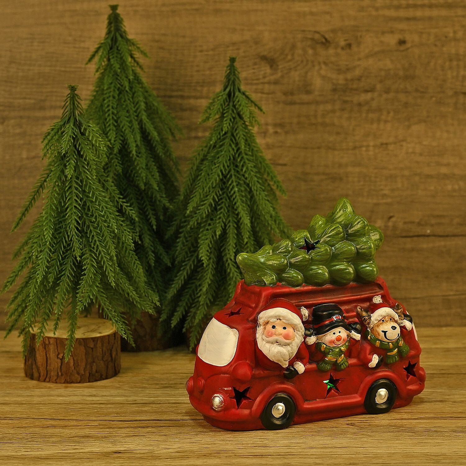 Ceramic Decoration Truck, Santa & Reindeer Shape with Led Light (Size 19x16x9 cm) - Red & White