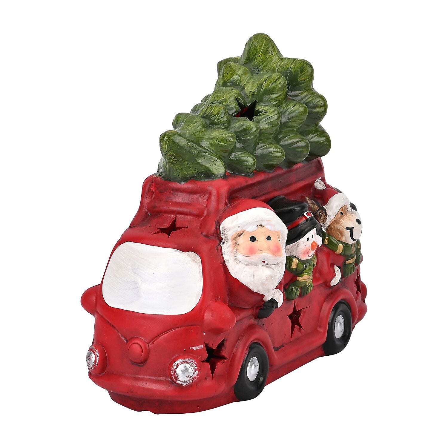 Ceramic Decoration Truck, Santa & Reindeer Shape with Led Light (Size 19x16x9 cm) - Red & White