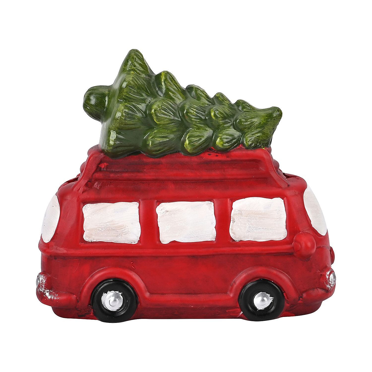 Ceramic Decoration Van, Santa - Reindeer Shape with Led Light (Size 19x16x9 cm) - Red - White