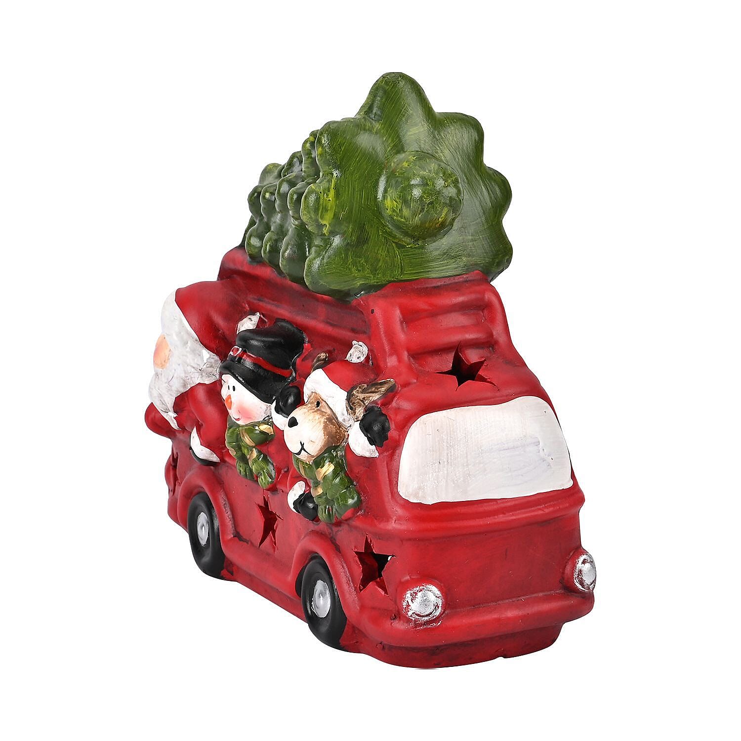 Ceramic Decoration Van, Santa - Reindeer Shape with Led Light (Size 19x16x9 cm) - Red - White