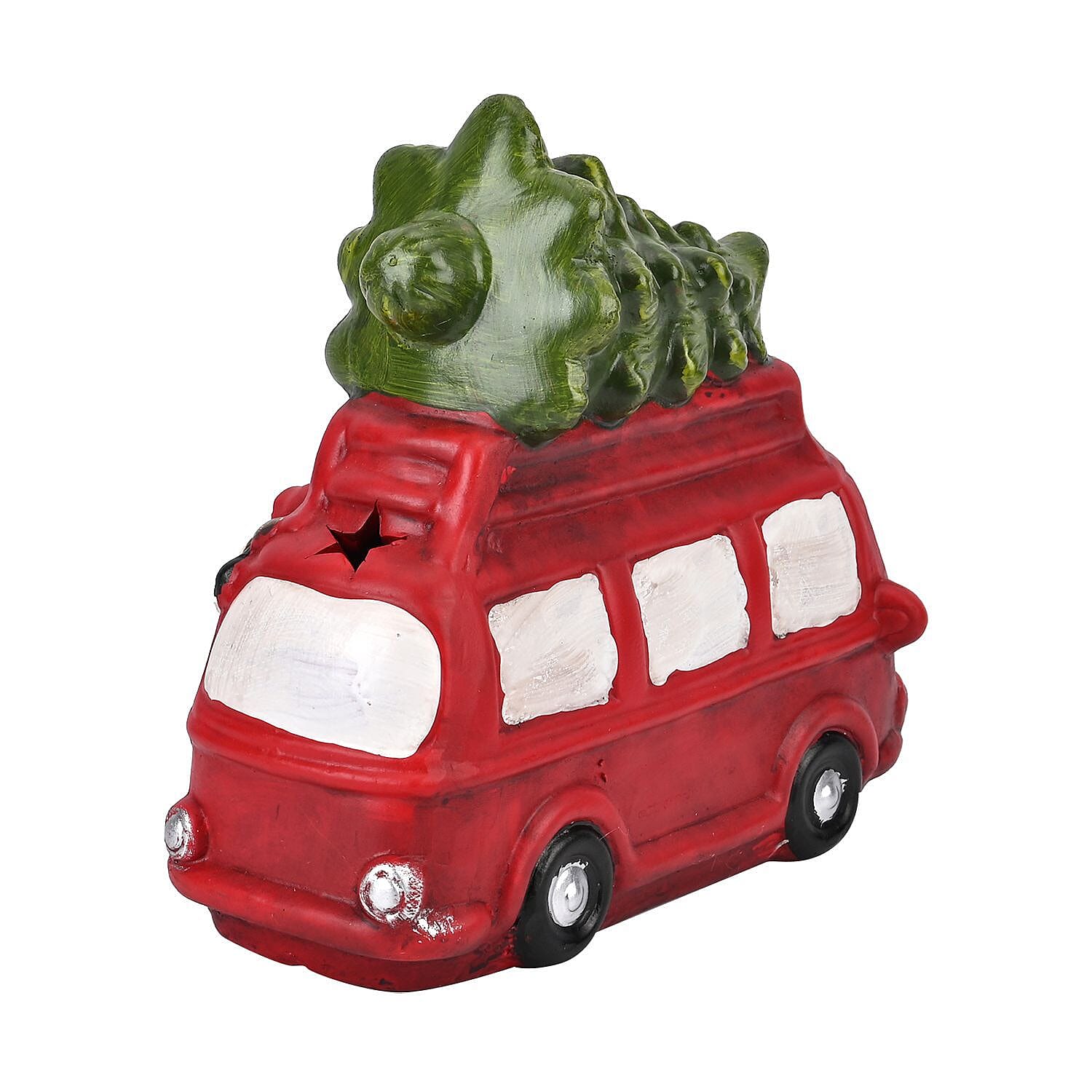 Ceramic Decoration Van, Santa - Reindeer Shape with Led Light (Size 19x16x9 cm) - Red - White