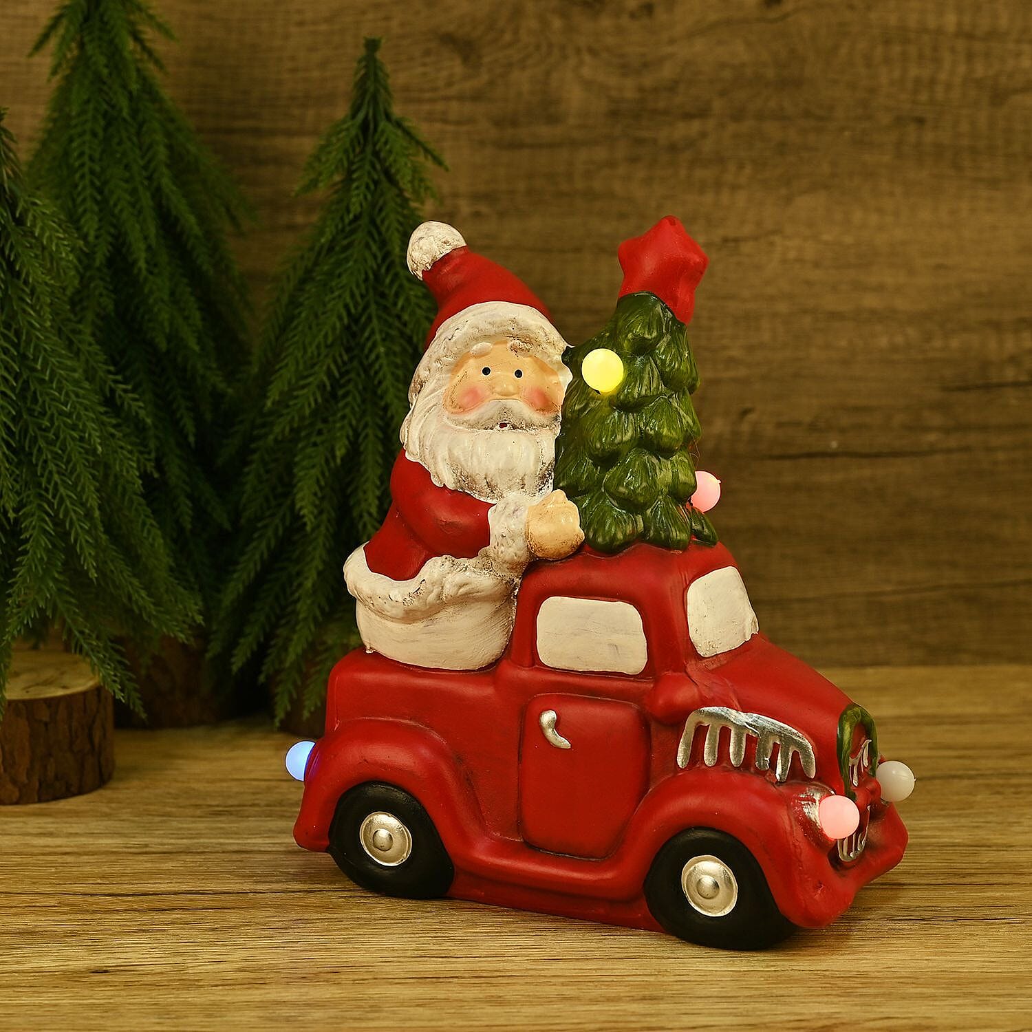 Ceramic Decoration Truck and Santa Clause Shape with Led Light (Size 22x20x9 cm) - Red & White