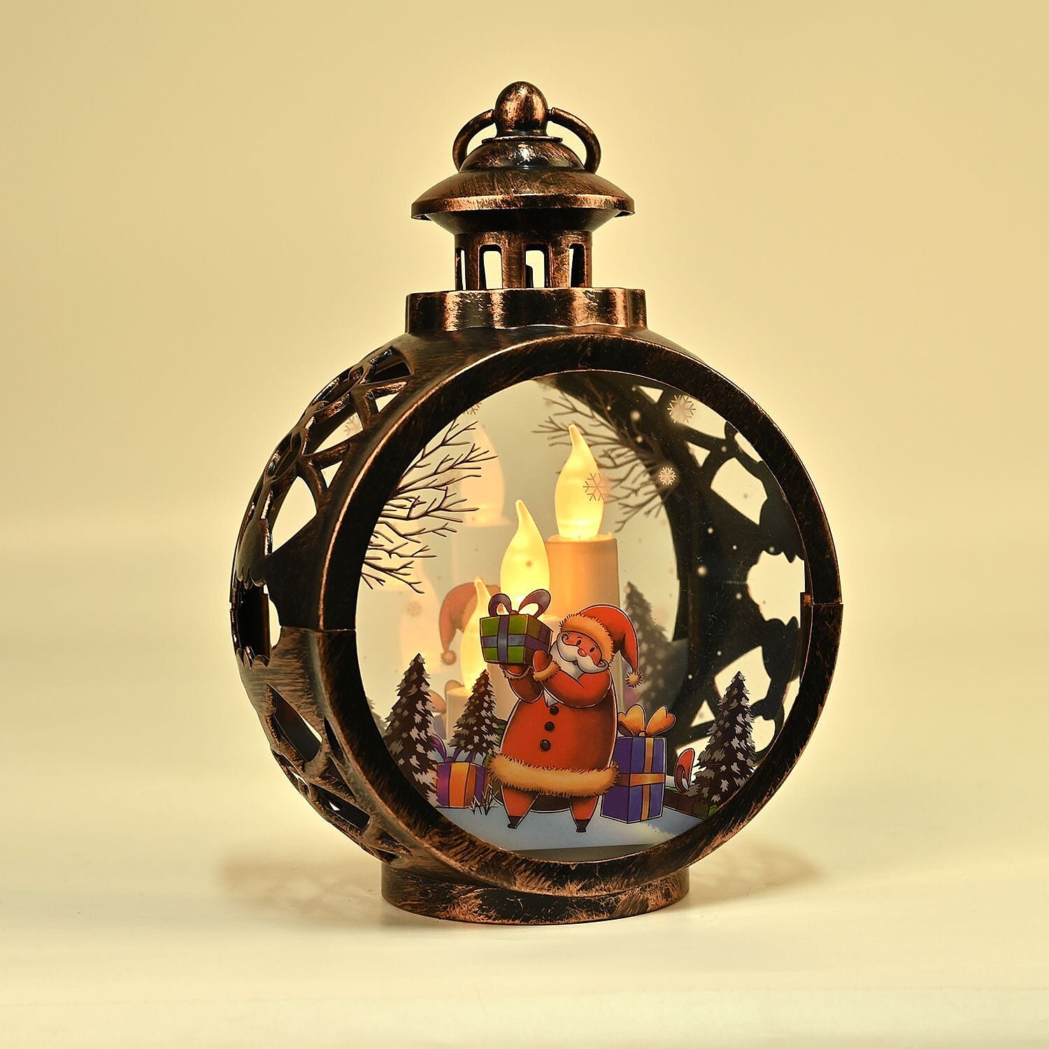 Vintage Clock Shaped Carved With Santa Hanging Lantern LED Light (3xAAA Batteries, Not Incl.) - Brown