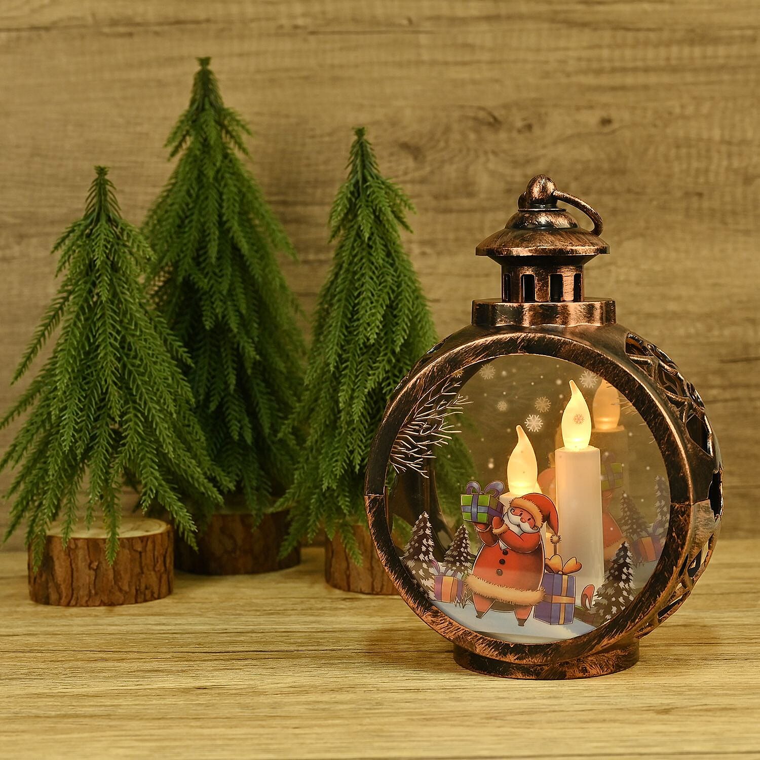 Vintage Clock Shaped Carved With Santa Hanging Lantern LED Light (3xAAA Batteries, Not Incl.) - Brown