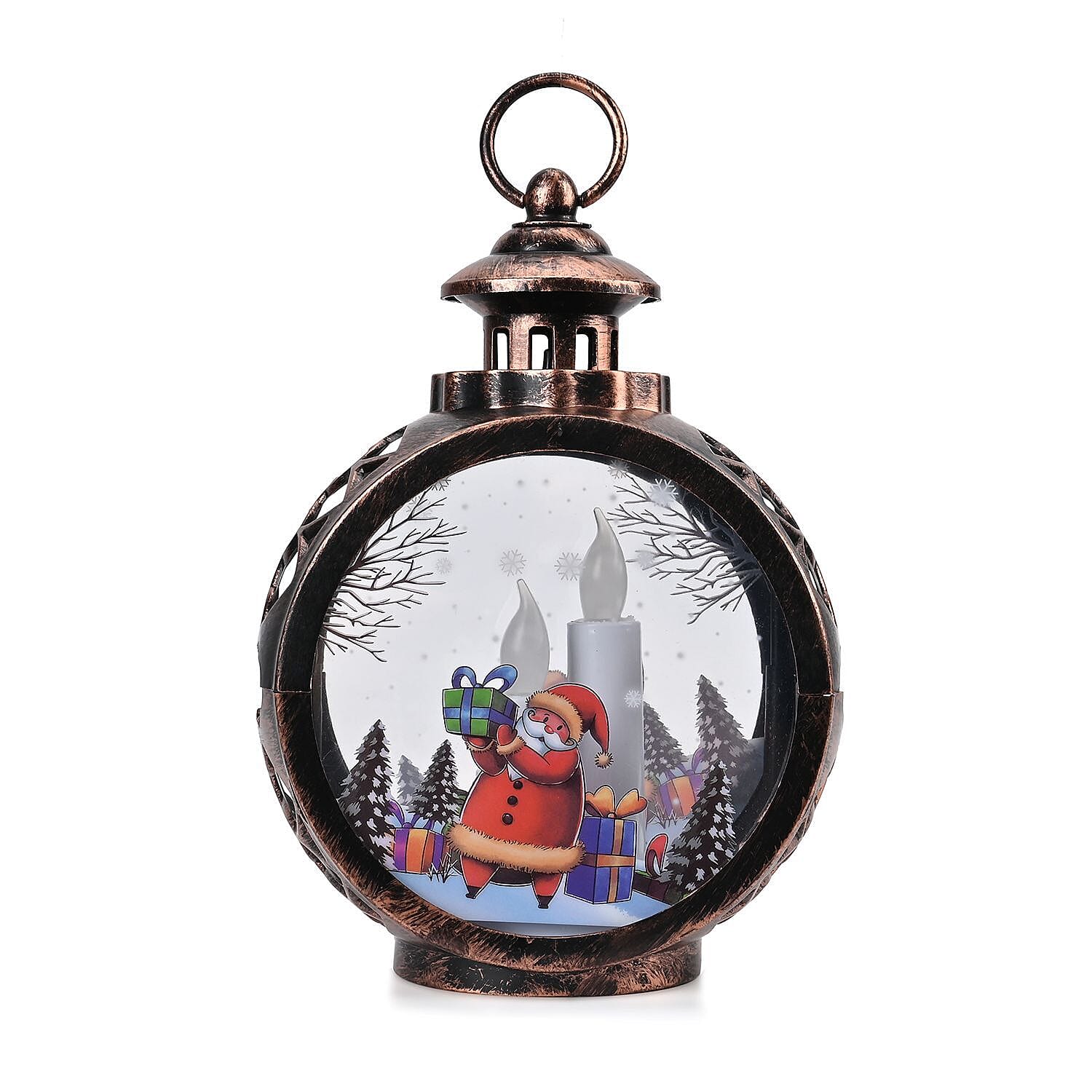 Vintage Clock Shaped Carved With Santa Hanging Lantern LED Light (3xAAA Batteries, Not Incl.) - Brown