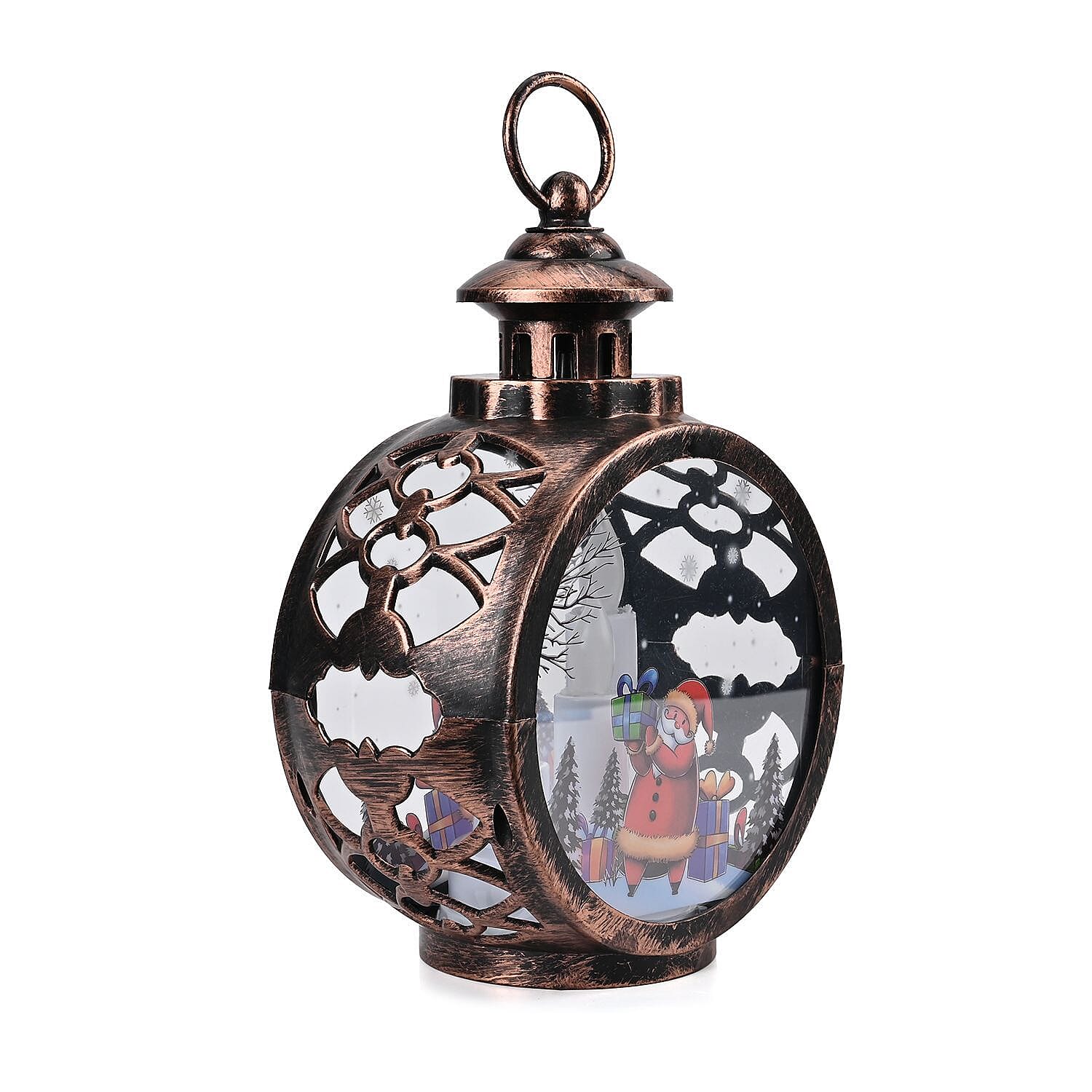 Vintage Clock Shaped Carved With Santa Hanging Lantern LED Light (3xAAA Batteries, Not Incl.) - Brown