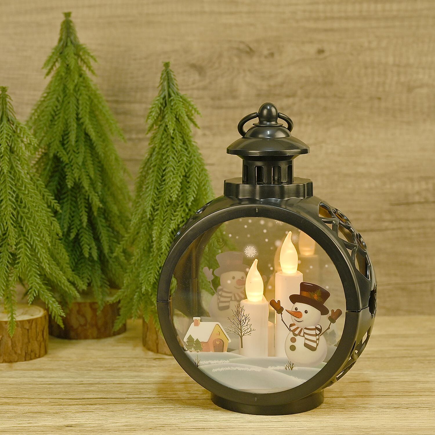 Vintage Clock Shaped Carved With Santa & Snowman Hanging Lantern LED Light (3xAAA Batteries, Not Incl.) - Black