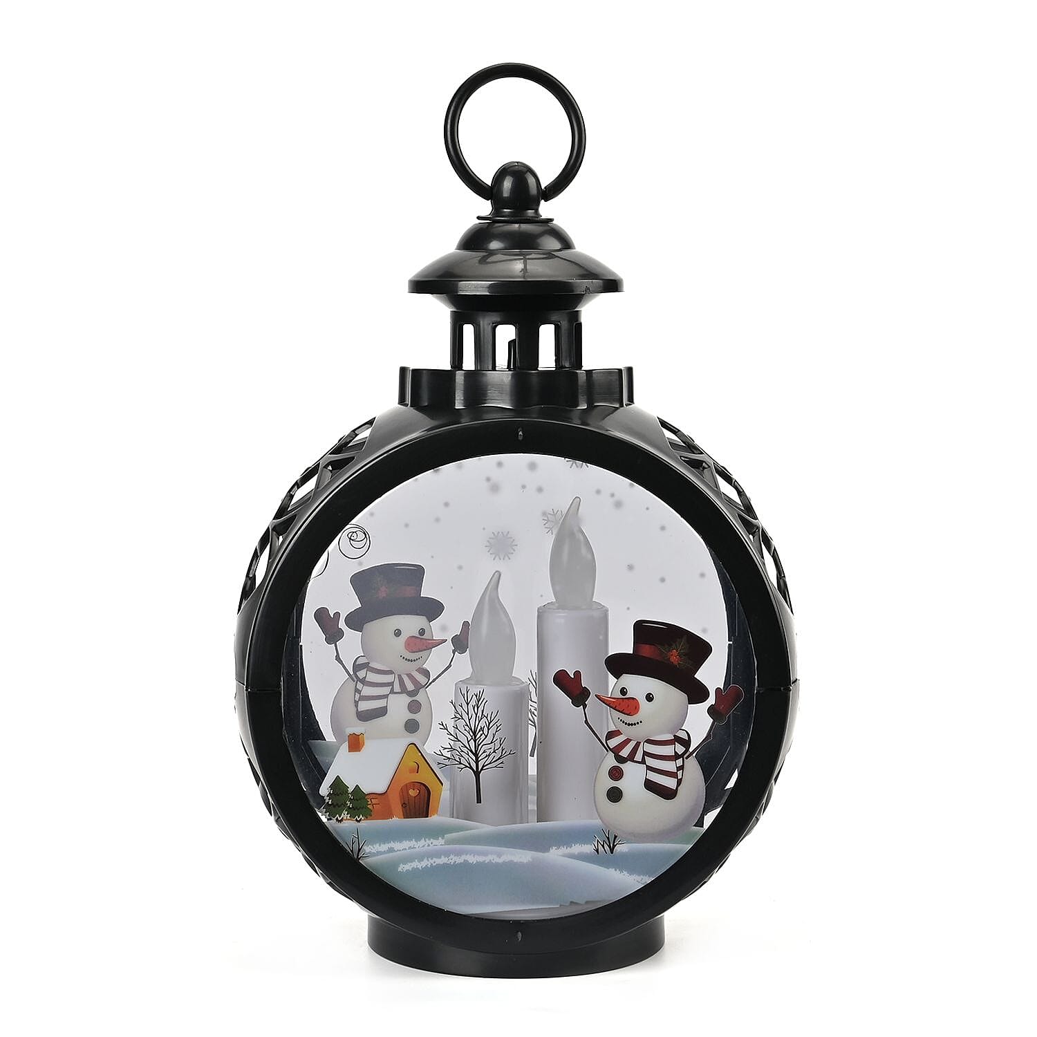 Vintage Clock Shaped Carved With Santa & Snowman Hanging Lantern LED Light (3xAAA Batteries, Not Incl.) - Black