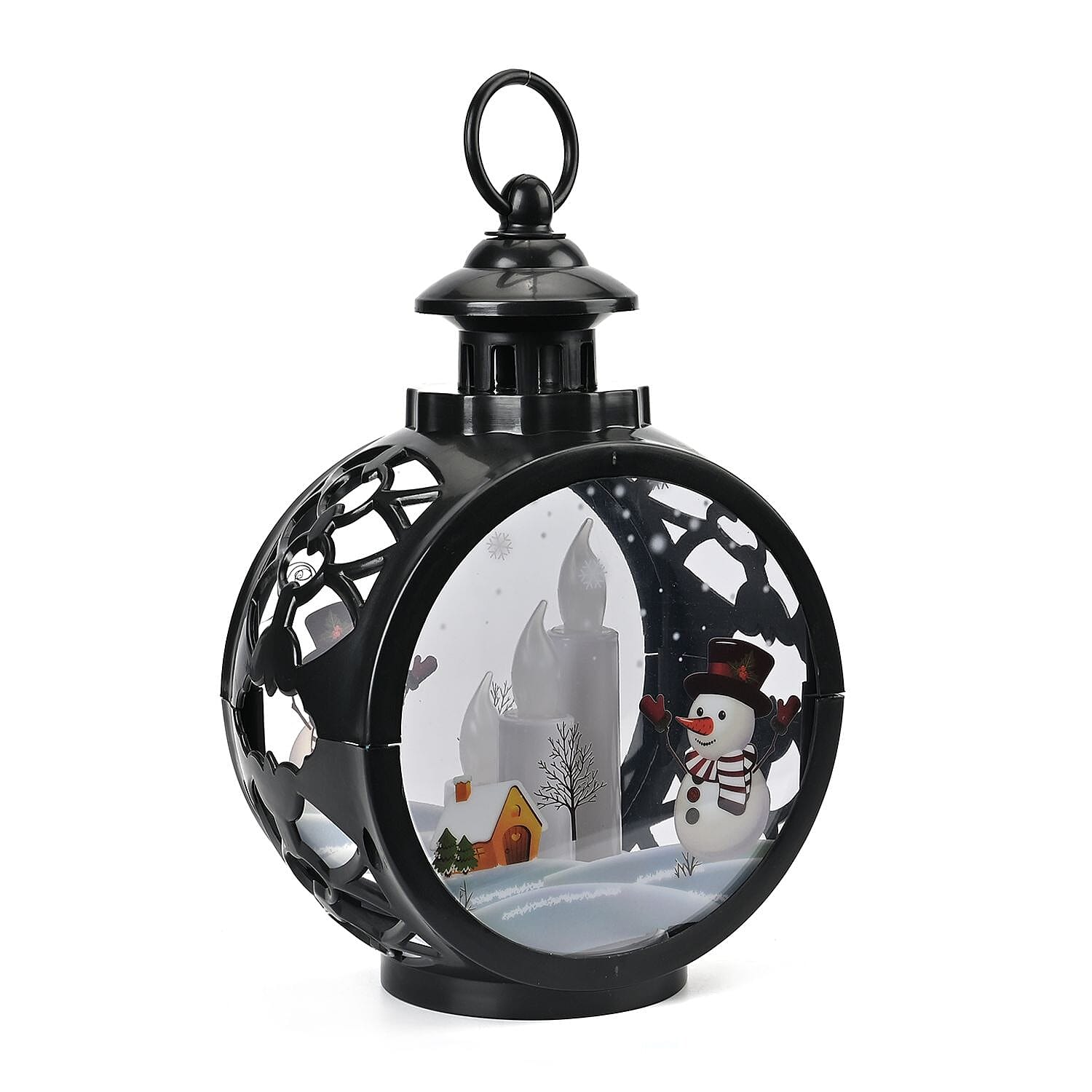 Vintage Clock Shaped Carved With Santa & Snowman Hanging Lantern LED Light (3xAAA Batteries, Not Incl.) - Black
