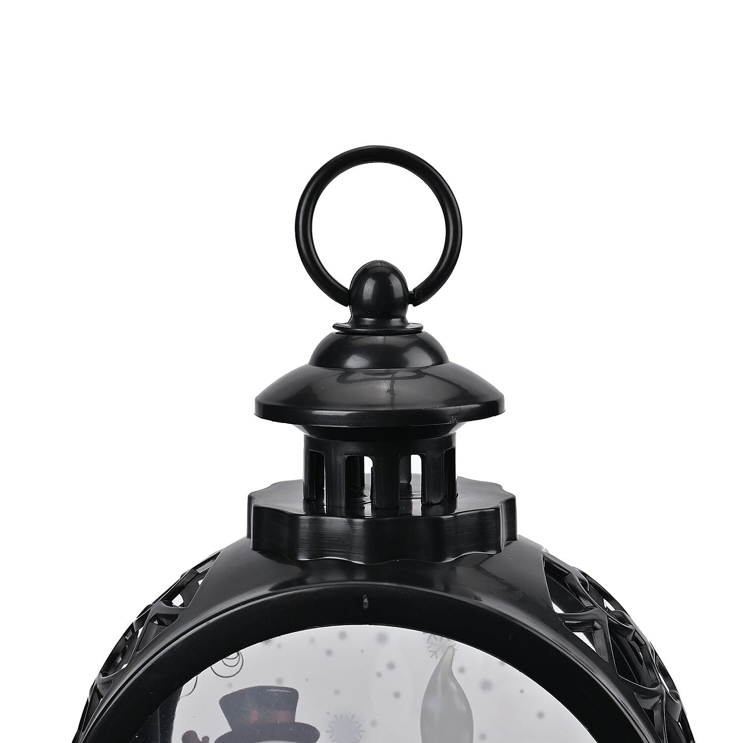 Vintage Clock Shaped Carved With Santa & Snowman Hanging Lantern LED Light (3xAAA Batteries, Not Incl.) - Black