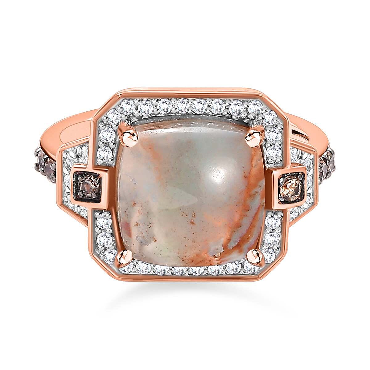 Zimbaprase, Natural White Zircon and Brown Zircon Ring in 18K Vermeil Rose Gold Plated Sterling Silver 6.88 Ct