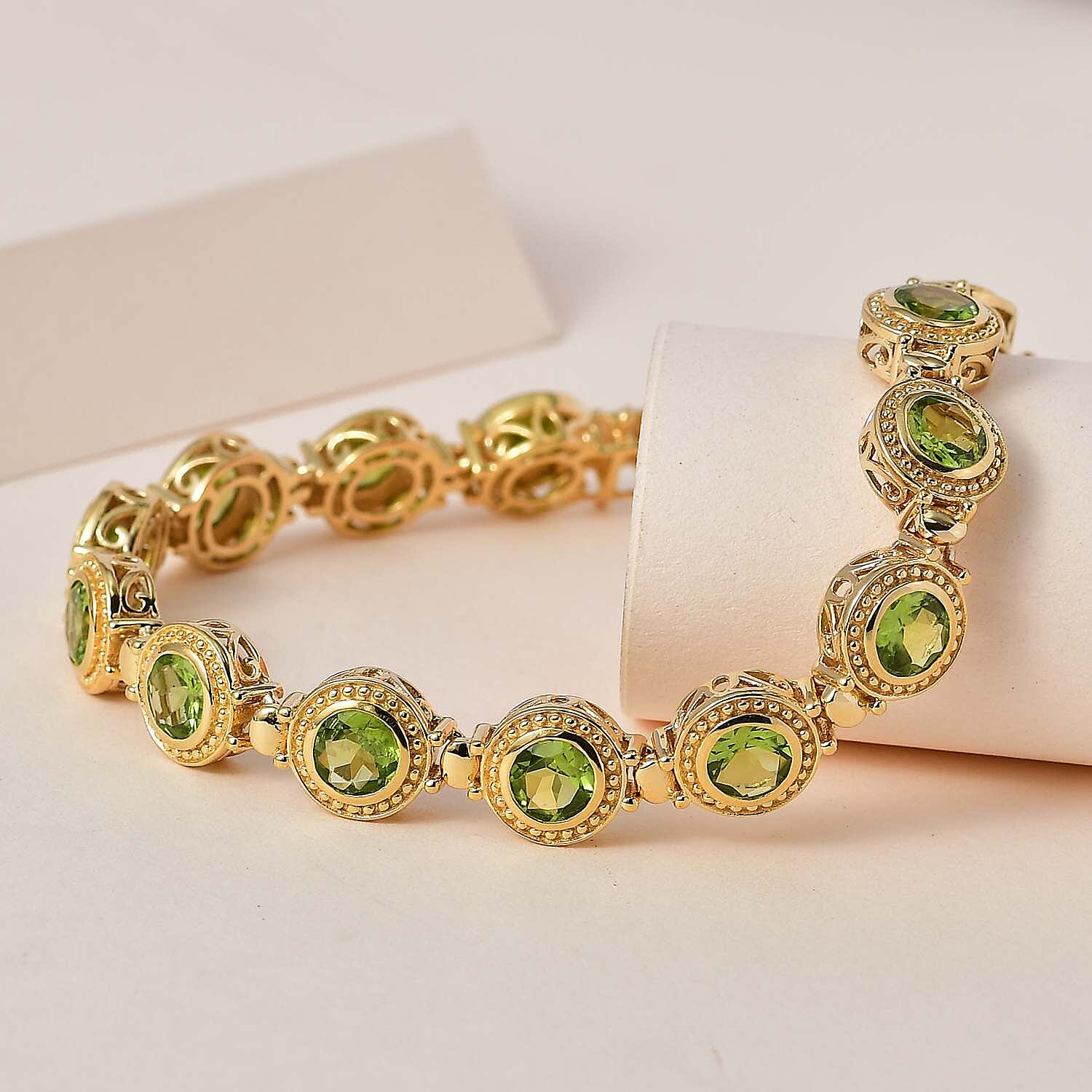 Hebei Peridot Tennis Bracelet (Size - 7) in 18K Vermeil Yellow Gold Plated Sterling Silver 10.59 Ct, Silver Wt. 18.12 Gms