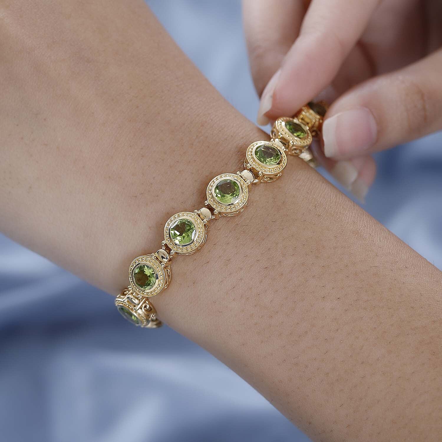 Hebei Peridot Tennis Bracelet (Size - 7) in 18K Vermeil Yellow Gold Plated Sterling Silver 10.59 Ct, Silver Wt. 18.12 Gms