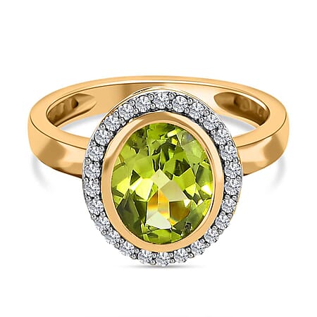 Hebei Peridot and Natural Zircon Halo Ring in 18K Vermeil Yellow Gold Plated Sterling Silver 2.95 Ct