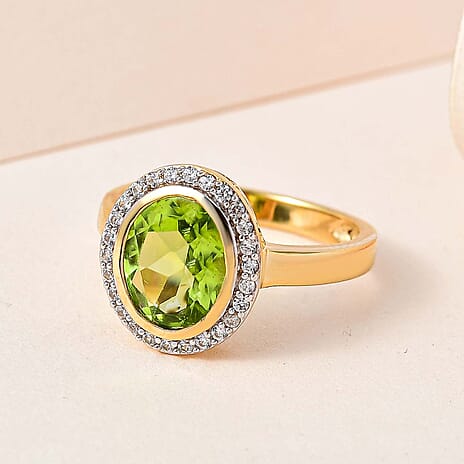 Hebei Peridot and Natural Zircon Halo Ring in 18K Vermeil Yellow Gold Plated Sterling Silver 2.95 Ct