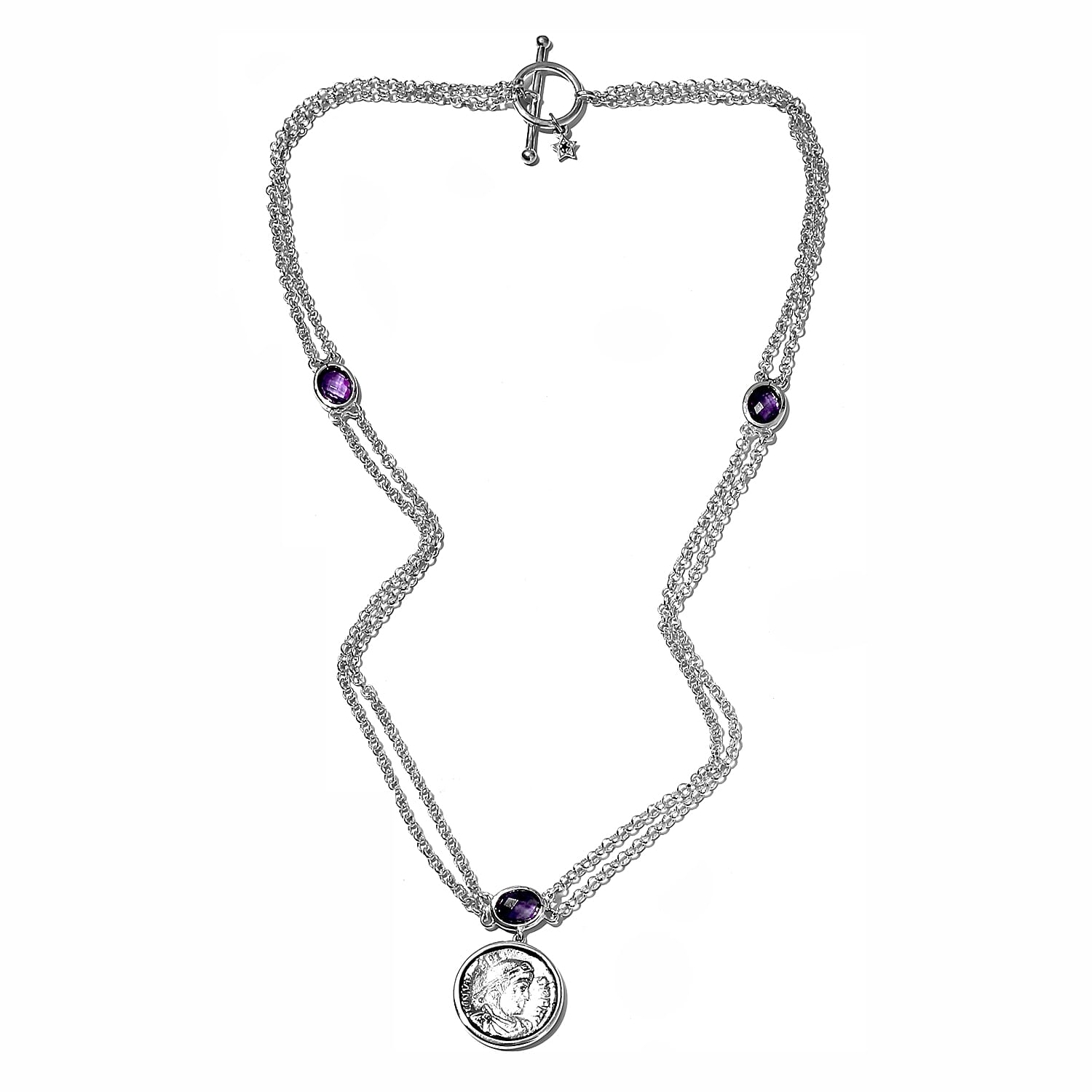 GP Roman Coin Collection Amethyst and Kanchanaburi Blue Sapphire Necklace  Size 18 in Sterling Silver 3.66 Ct., Wt. 16.08 Gms - 7583810 - TJC