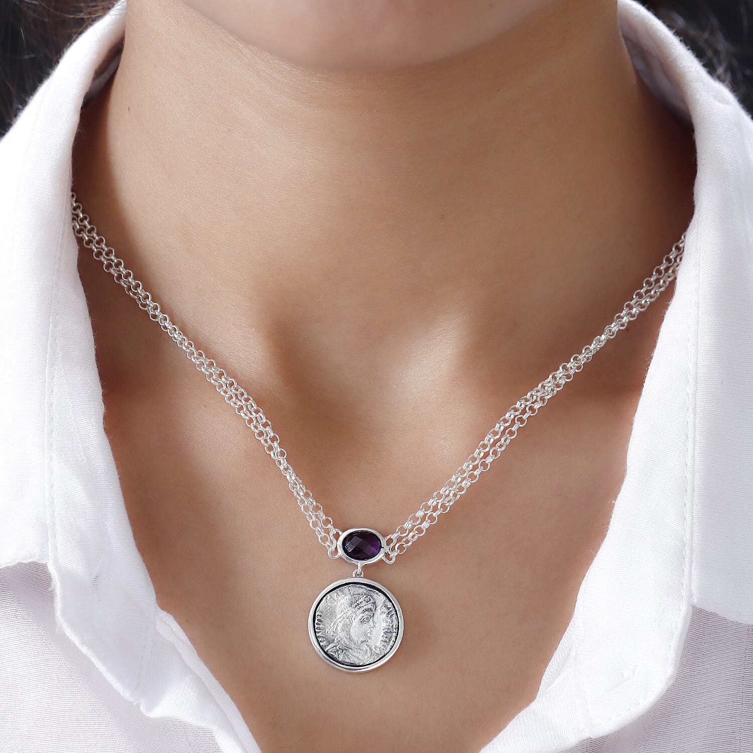 GP Roman Coin Collection - Amethyst and Kanchanaburi Blue Sapphire Necklace (Size - 18) With T-Bar Clasp in Sterling Silver 3.66 Ct, Silver Wt. 16.08 Gms