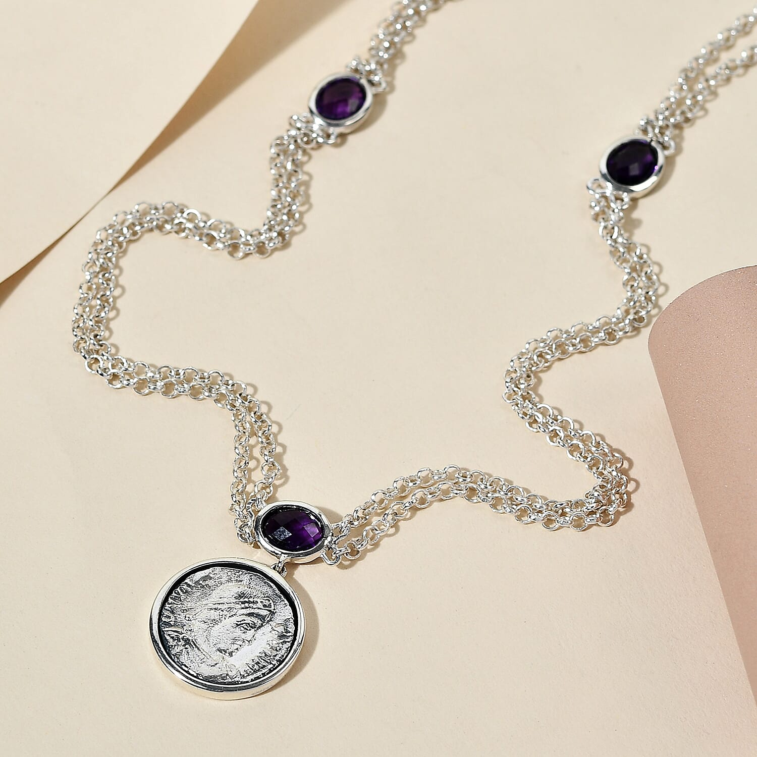 GP Roman Coin Collection - Amethyst and Kanchanaburi Blue Sapphire Necklace (Size - 18) With T-Bar Clasp in Sterling Silver 3.66 Ct, Silver Wt. 16.08 Gms