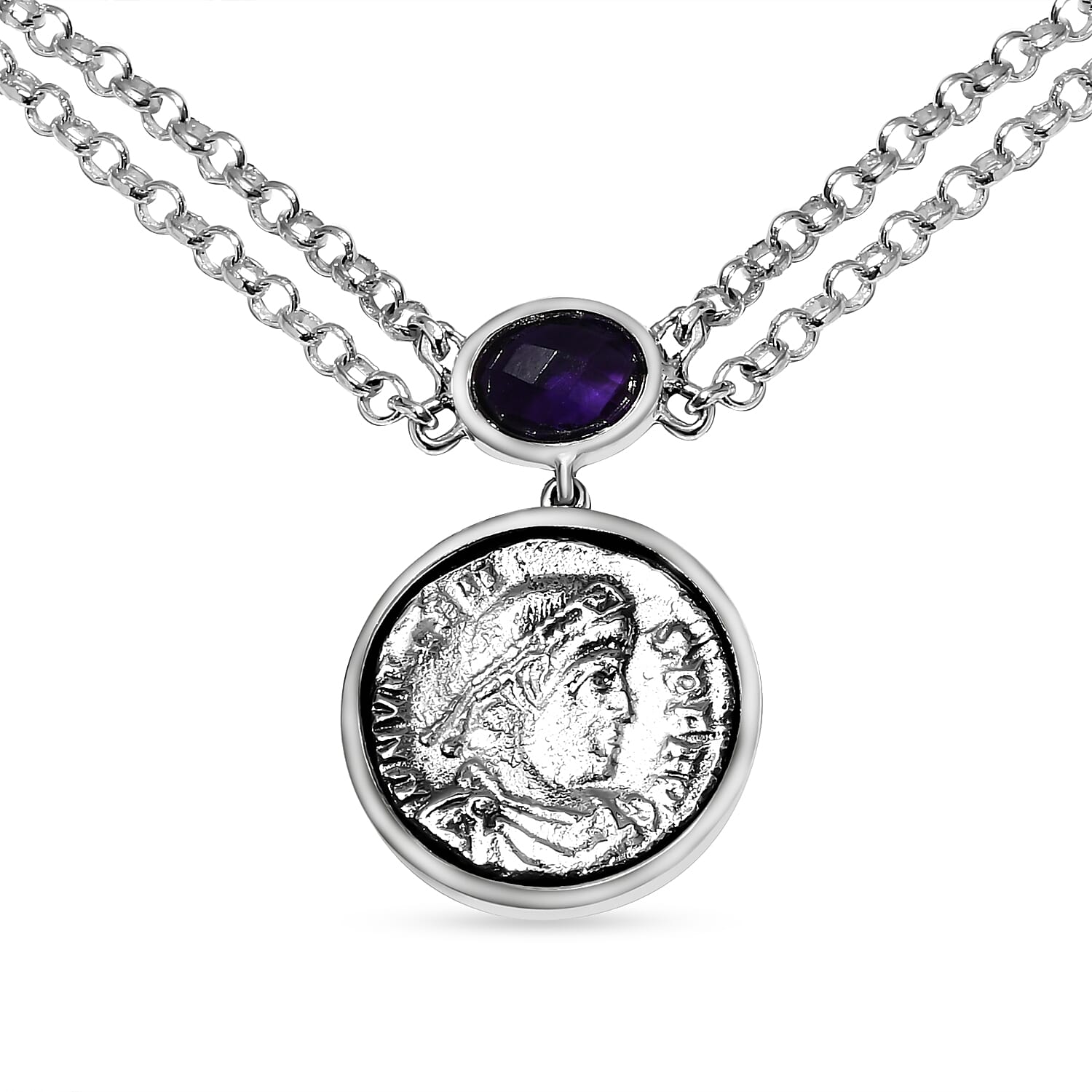 GP Roman Coin Collection - Amethyst and Kanchanaburi Blue Sapphire Necklace (Size - 18) With T-Bar Clasp in Sterling Silver 3.66 Ct, Silver Wt. 16.08 Gms