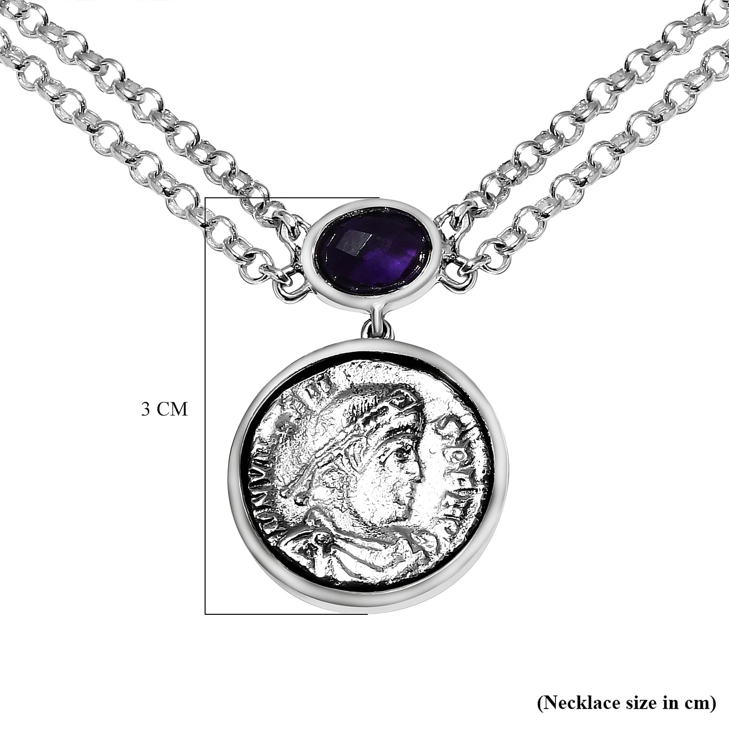 GP Roman Coin Collection - Amethyst and Kanchanaburi Blue Sapphire Necklace (Size - 18) With T-Bar Clasp in Sterling Silver 3.66 Ct, Silver Wt. 16.08 Gms