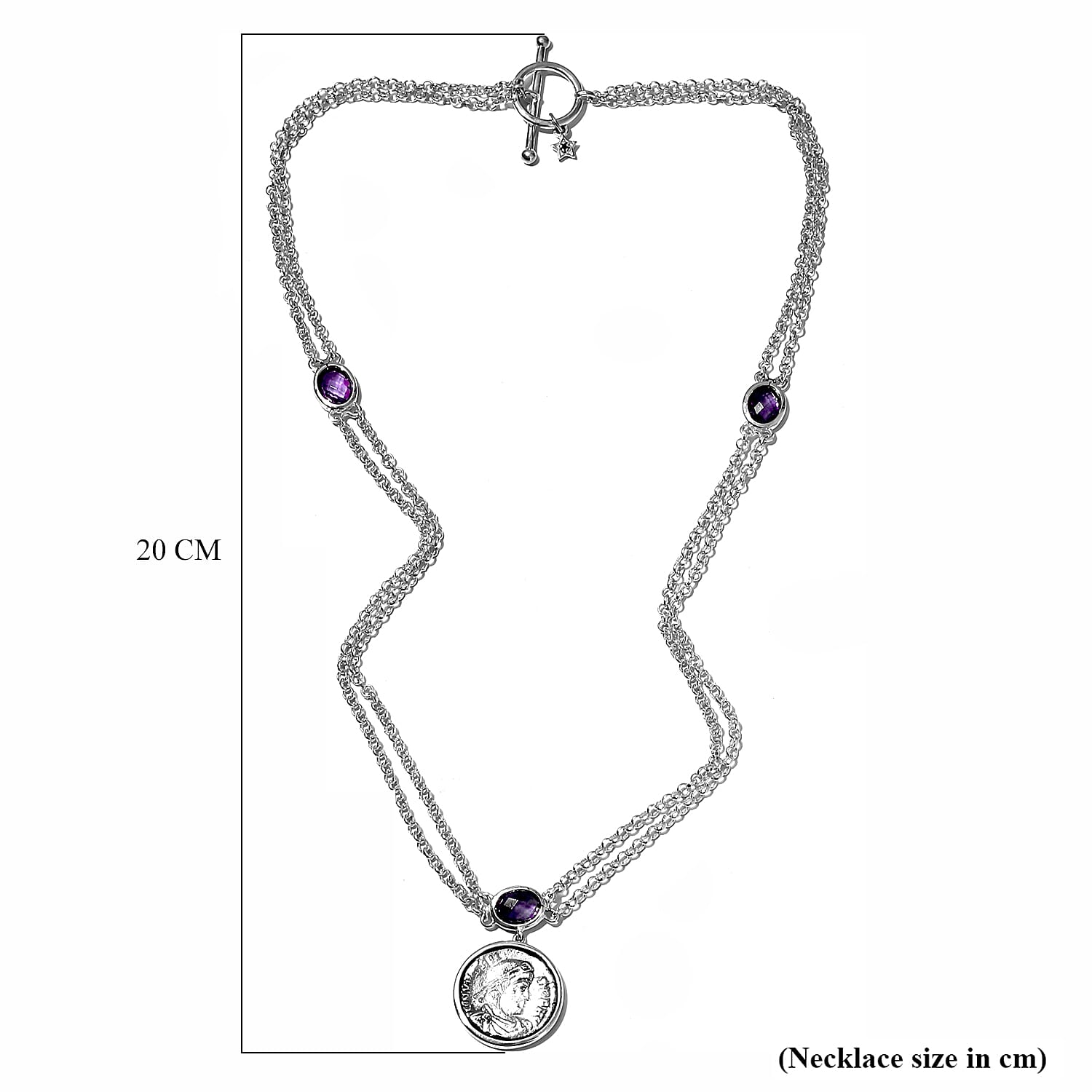 GP Roman Coin Collection - Amethyst and Kanchanaburi Blue Sapphire Necklace (Size - 18) With T-Bar Clasp in Sterling Silver 3.66 Ct, Silver Wt. 16.08 Gms