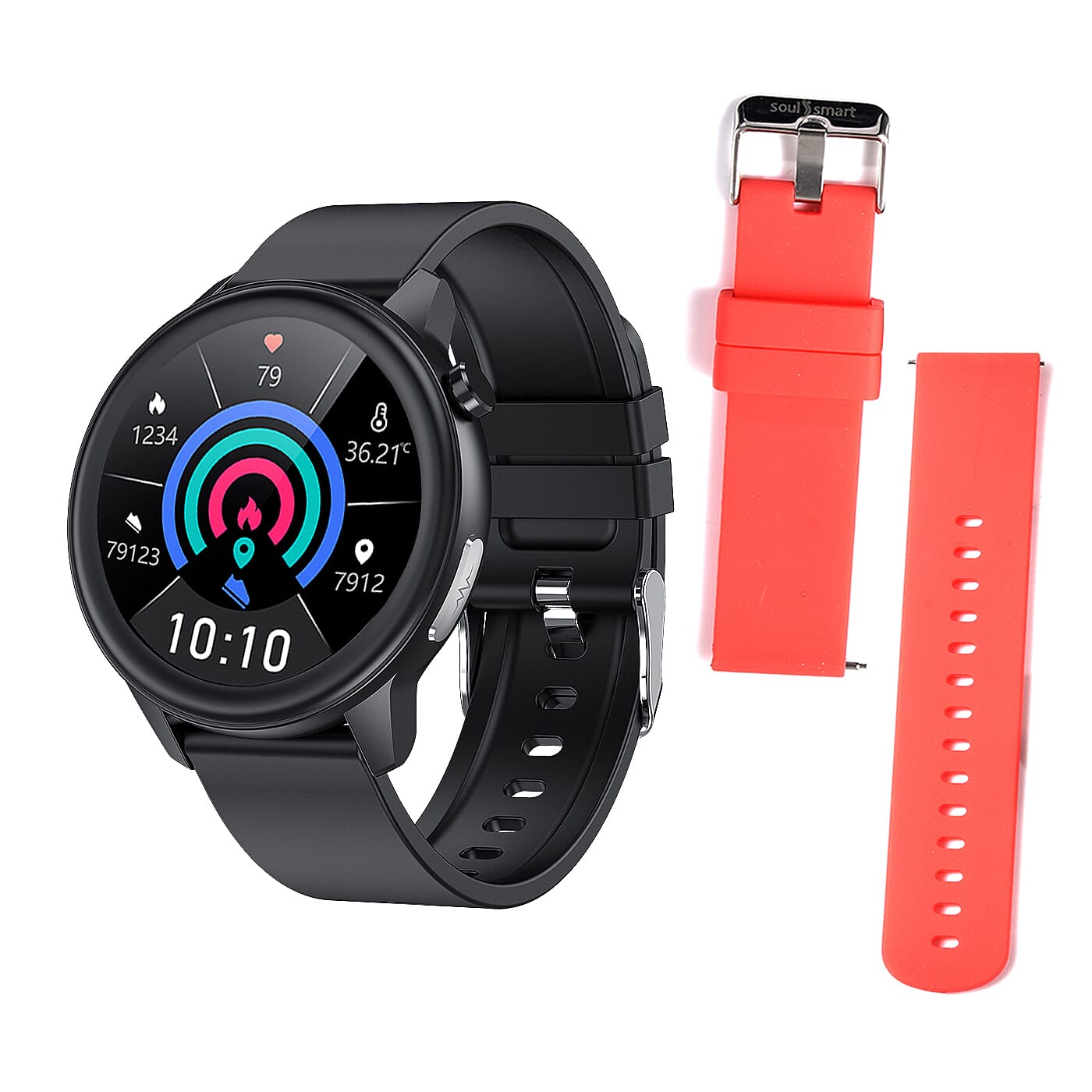 SoulSmart Health Tracker Watch (1.3 inch HD Display) with 2 Straps Includes ECG, Body Temp, Respiration Rate and Sleep Monitoring Functions - Black & Red