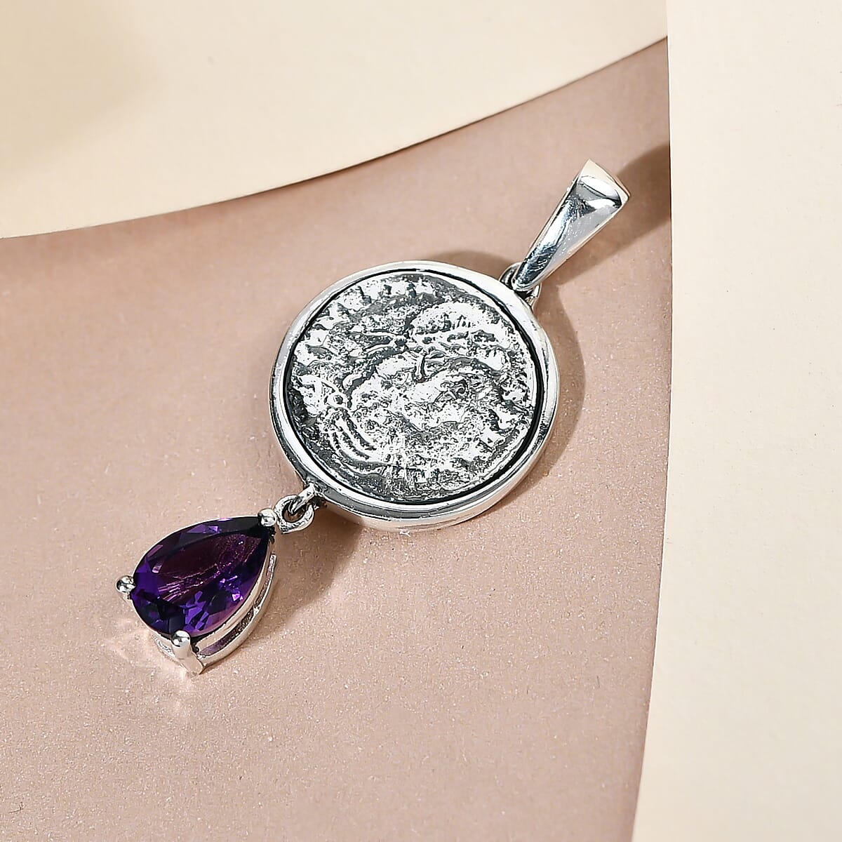 GP Roman Coin Collection - Amethyst, Blue Sapphire Pendant in Platinum Overlay Sterling Silver 1.21 Ct.