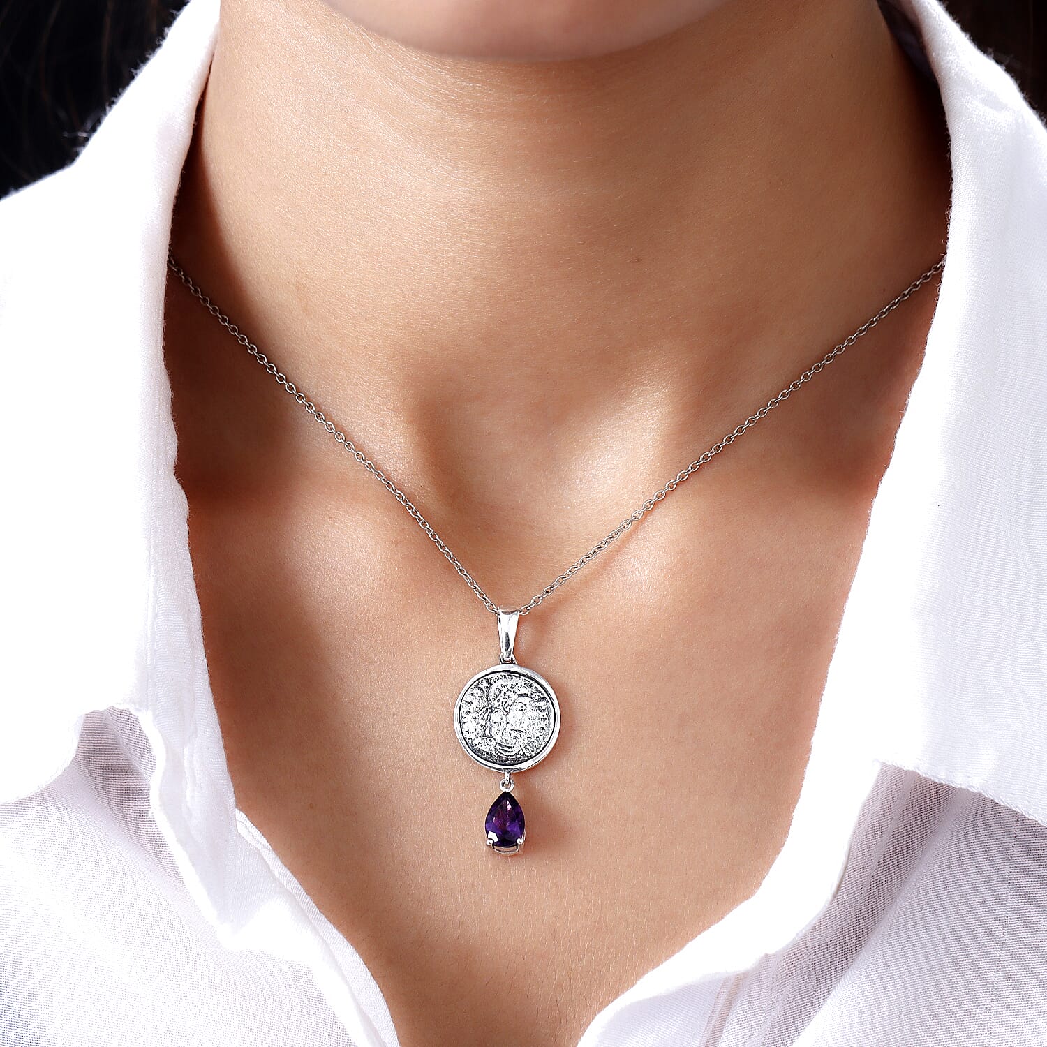 GP Roman Coin Collection - Amethyst, Blue Sapphire Pendant in Platinum Overlay Sterling Silver 1.21 Ct.