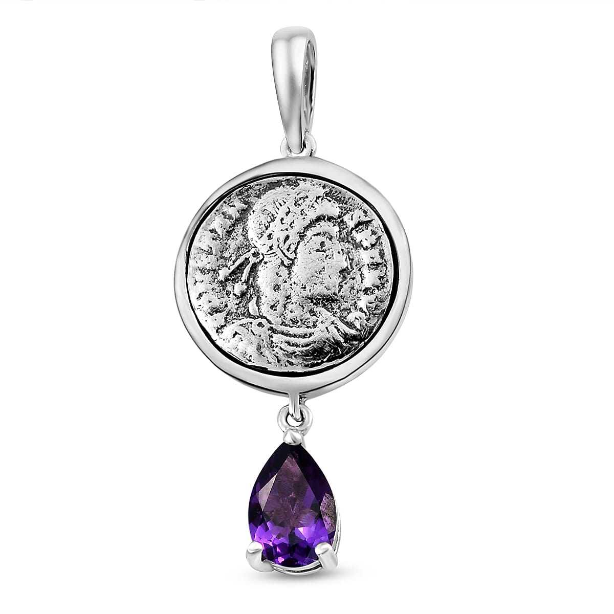 GP Roman Coin Collection - Amethyst, Blue Sapphire Pendant in Platinum Overlay Sterling Silver 1.21 Ct.
