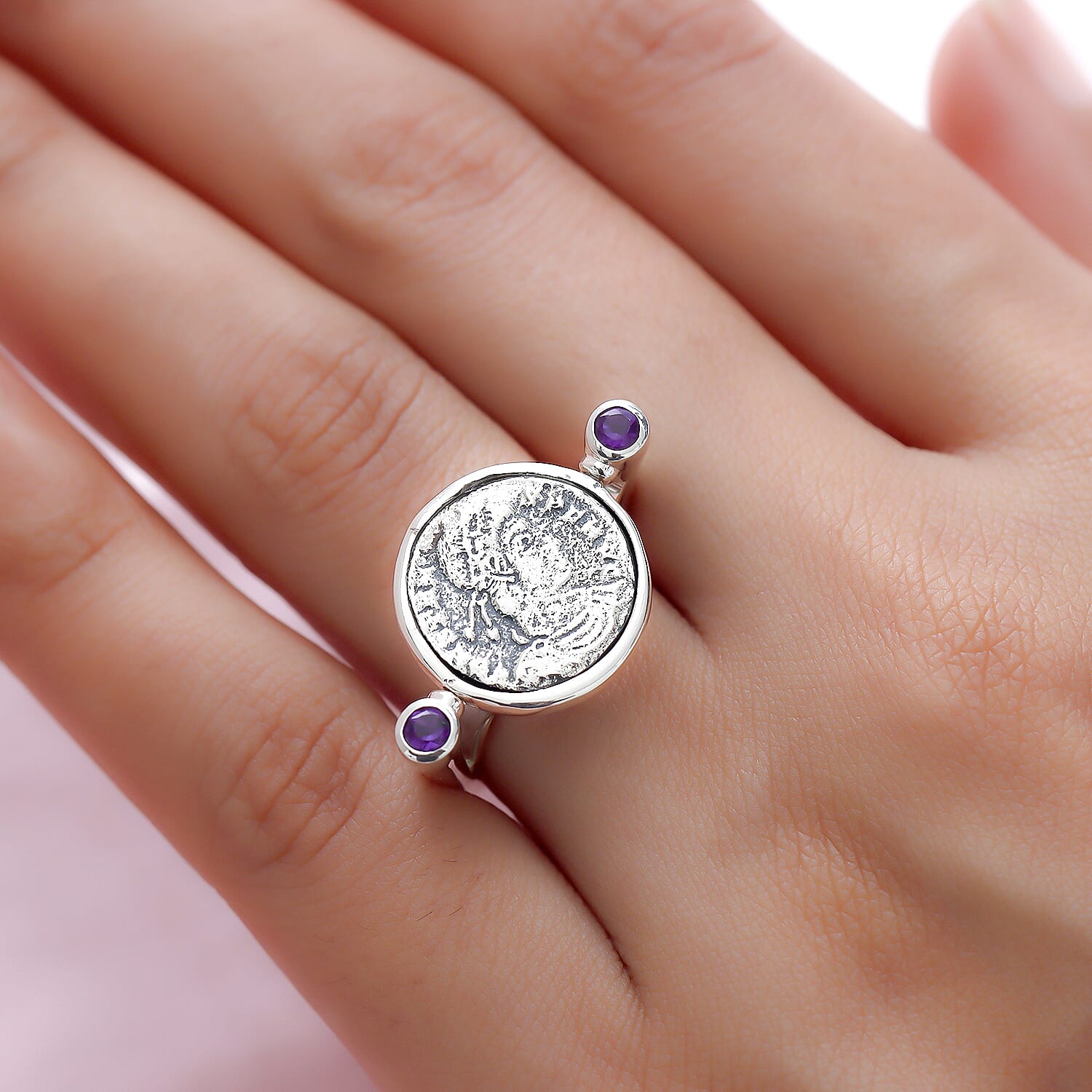 GP Roman Coin Collection - 2 in 1 Amethyst, Kanchanaburi Blue Sapphire Ring in Platinum Overlay Sterling Silver, Silver Wt. 7.21 Gms.