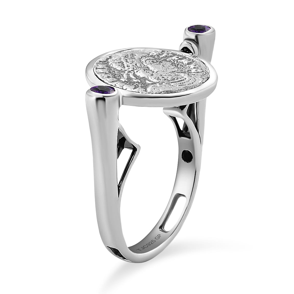 GP Roman Coin Collection - 2 in 1 Amethyst, Kanchanaburi Blue Sapphire Ring in Platinum Overlay Sterling Silver, Silver Wt. 7.21 Gms.