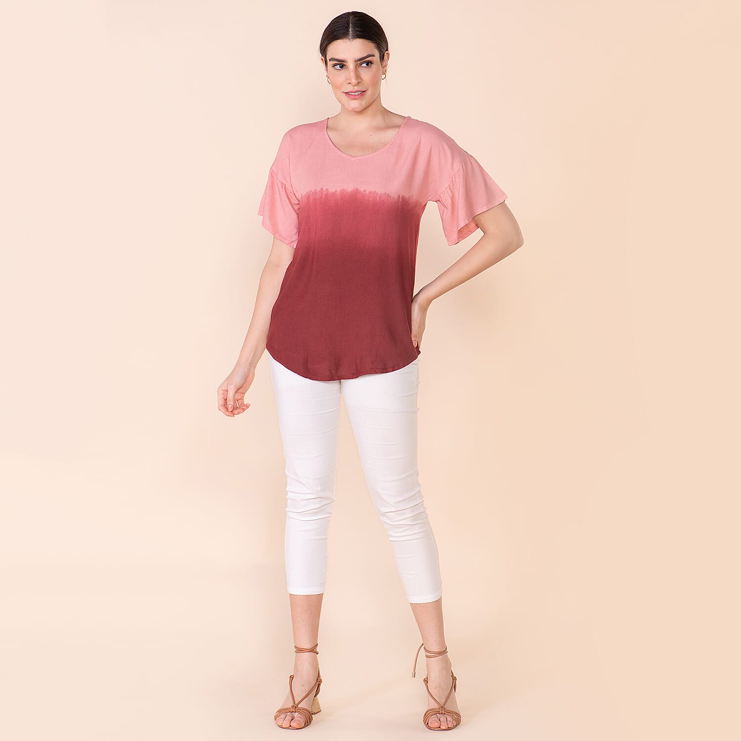 TAMSY 100% Viscose Ombre Pattern Short Sleeve Top (Size L, 16-18) - Red