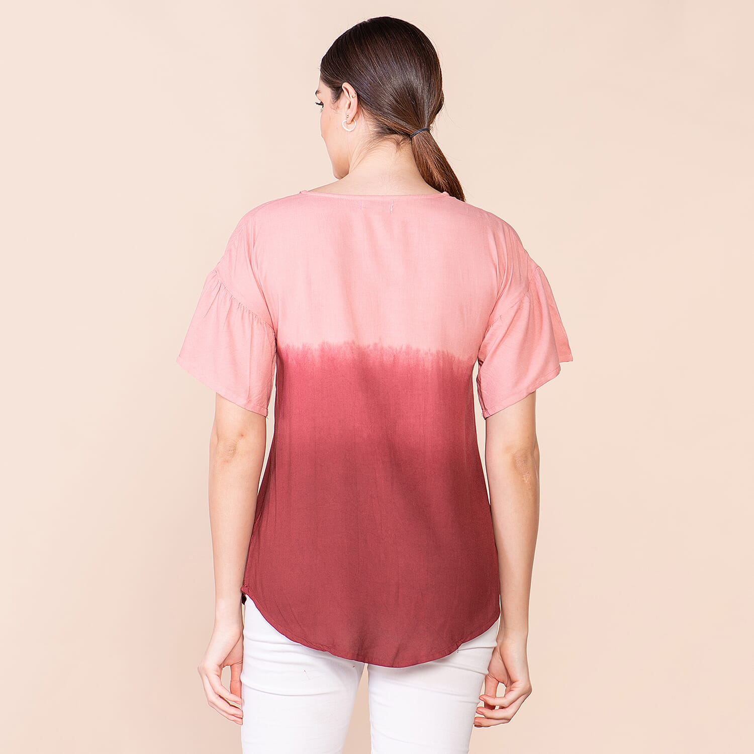 TAMSY 100% Viscose Ombre Pattern Short Sleeve Top (Size L, 16-18) - Red