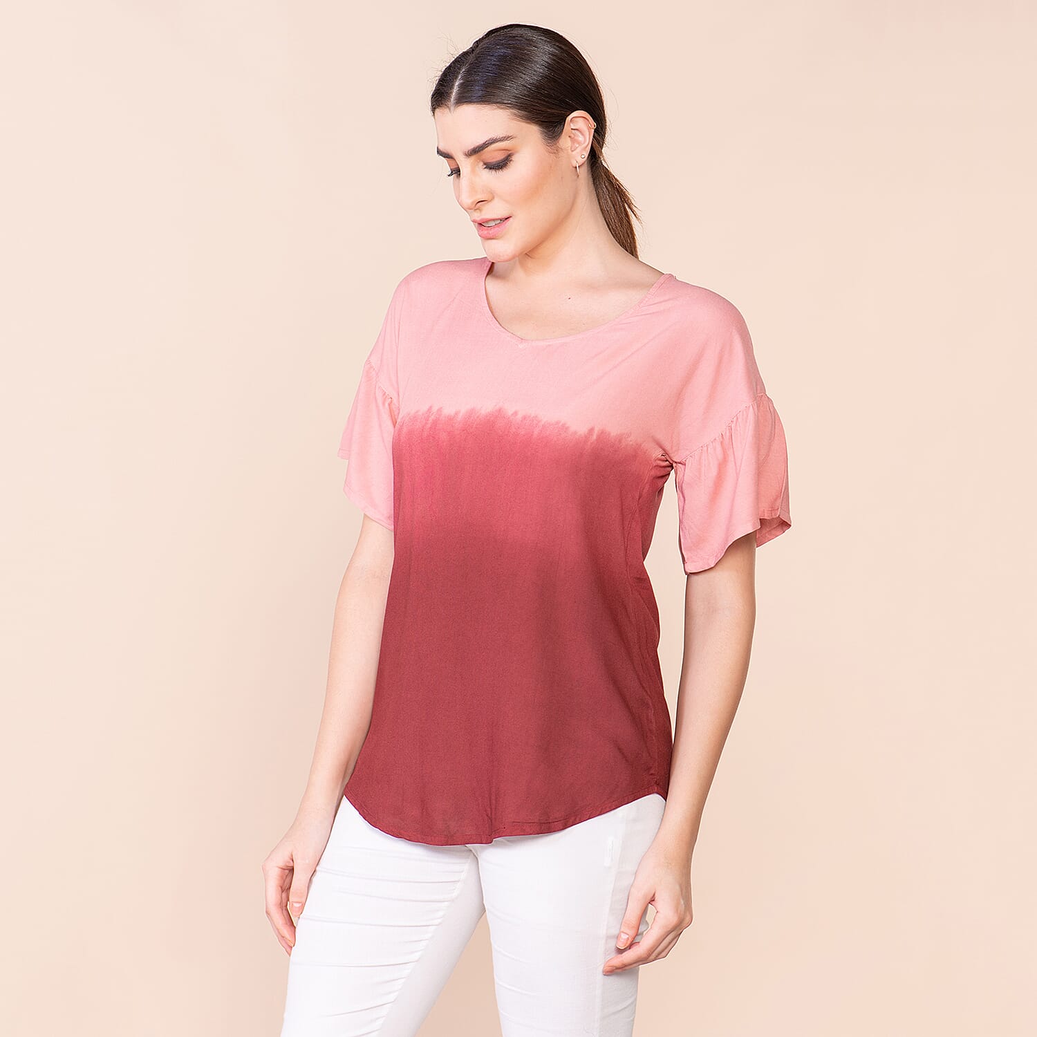 TAMSY 100% Viscose Ombre Pattern Short Sleeve Top (Size L, 16-18) - Red