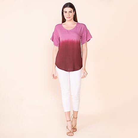 TAMSY 100% Viscose Ombre Pattern Short Sleeve Top (Size S, 8-10) - Wine