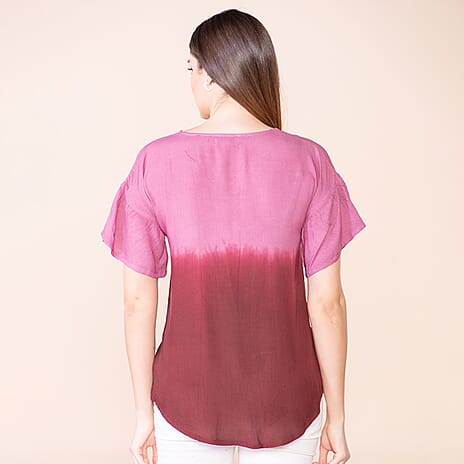 TAMSY 100% Viscose Ombre Pattern Short Sleeve Top (Size S, 8-10) - Wine