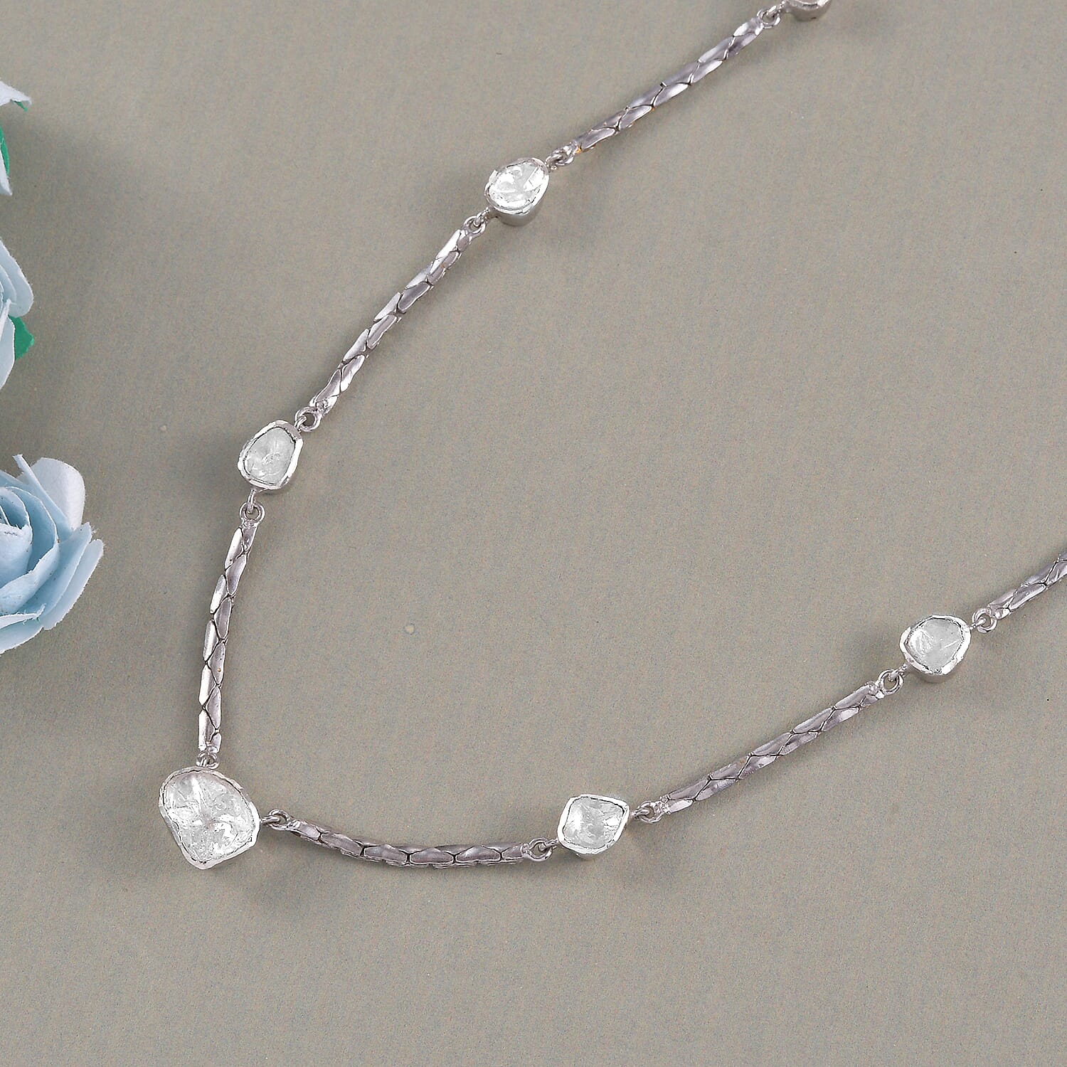 Polki Diamond Station Necklace (Size 18 with 2 inch Extender) in Sterling Silver 2.00 Ct, Silver wt. 8.63 Gms